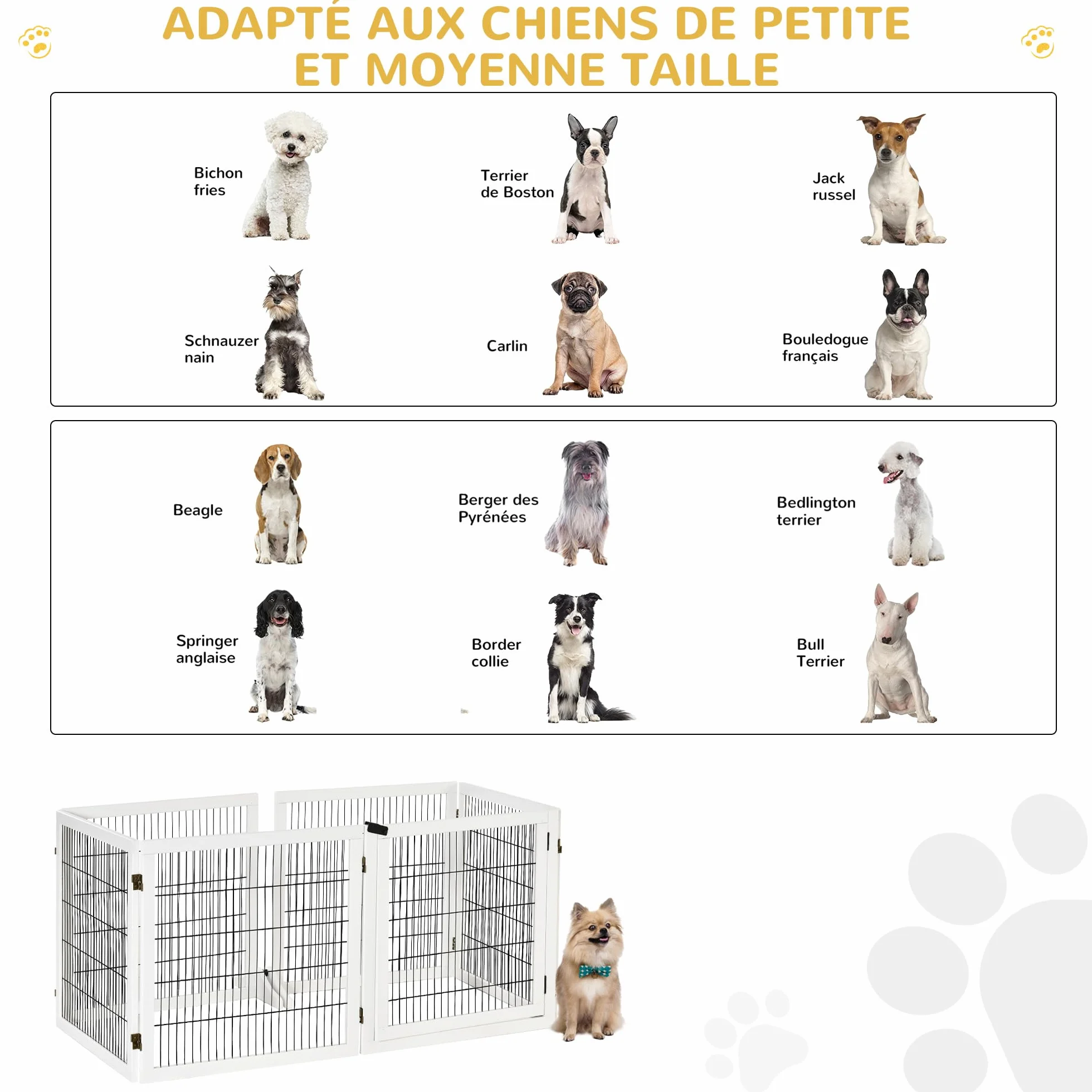 PawHut Barrière de sécurité Chien autoportante modulable Pliable 6 Panneaux Bois de pin 432 x 36 x 70 cm Blanc