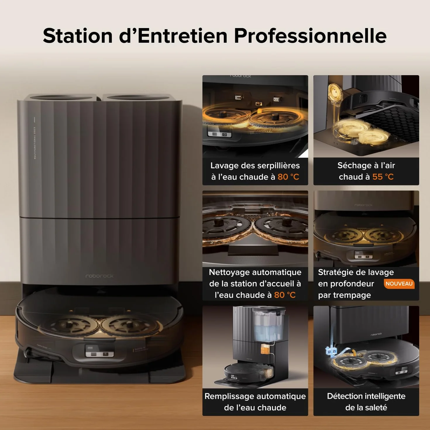 Roborock Qrevo Edge 2 Set Robot Aspirateur Laveur 25000 Pa Lavage Serpillières Eau Chaude 80°C Noir