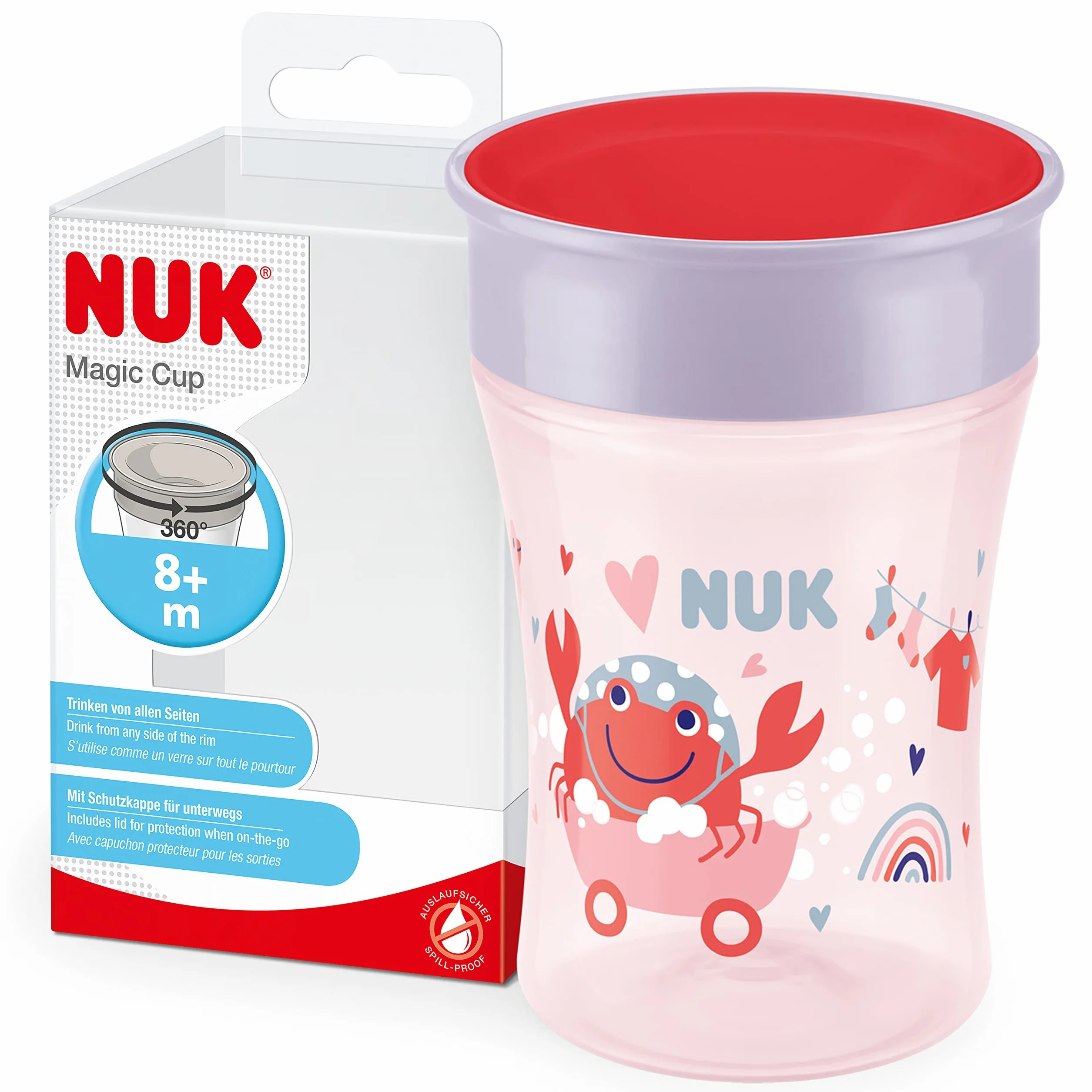 NUK Magic Cup Tasse d'Apprentissage 230 ml 8+ mois Bordure 360° antifuites Crabe Rouge