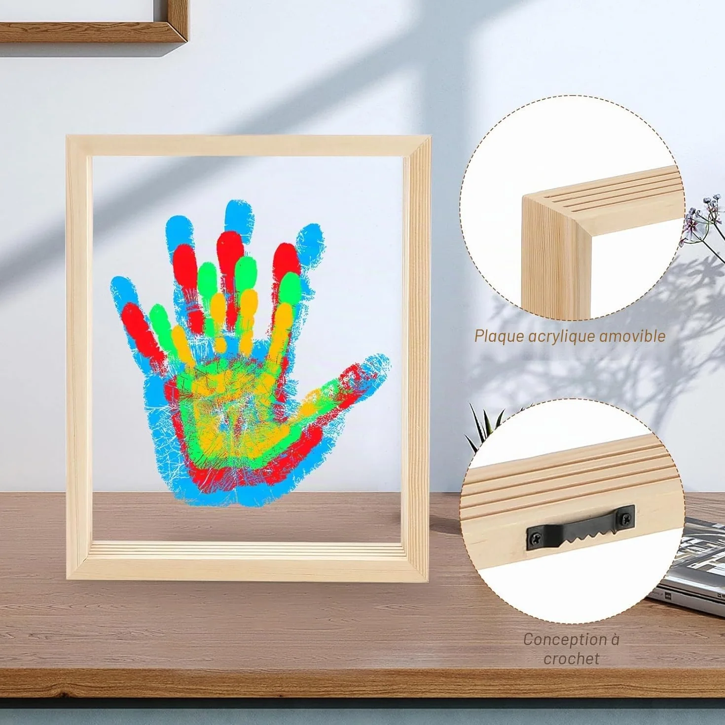 Kit d'Empreintes de Mains Familiales avec Cadre en Bois, 4 Empreintes, 6 Couleurs de Pigments, pour Bébé