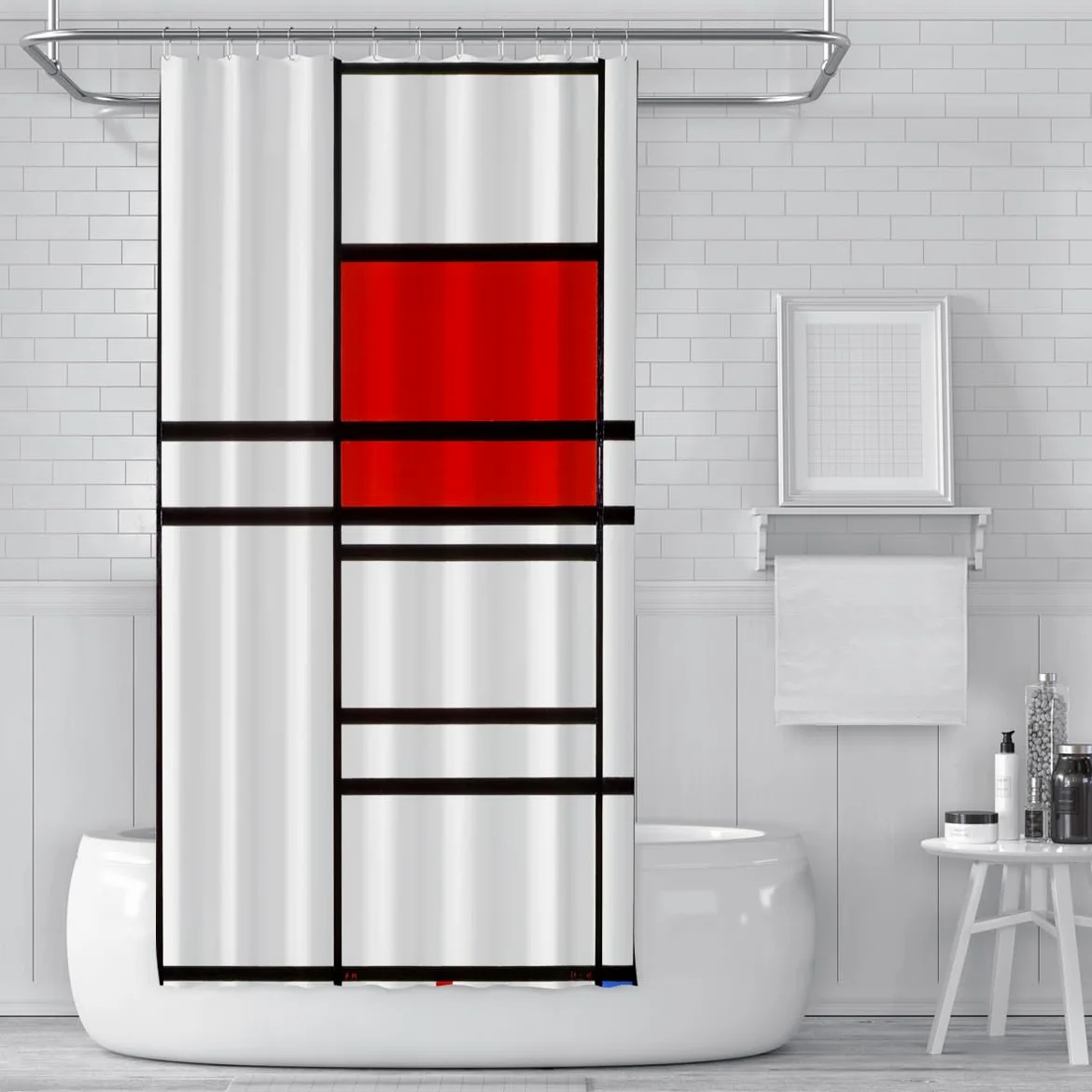 Rideau de Douche Abstrait Moderne en Blocs Rouges, Design géométrique en Grille linéaire, Rideaux de Salle de Bain en Tissu Polyester imperméable, lavables en Machine 200 x 220 cm