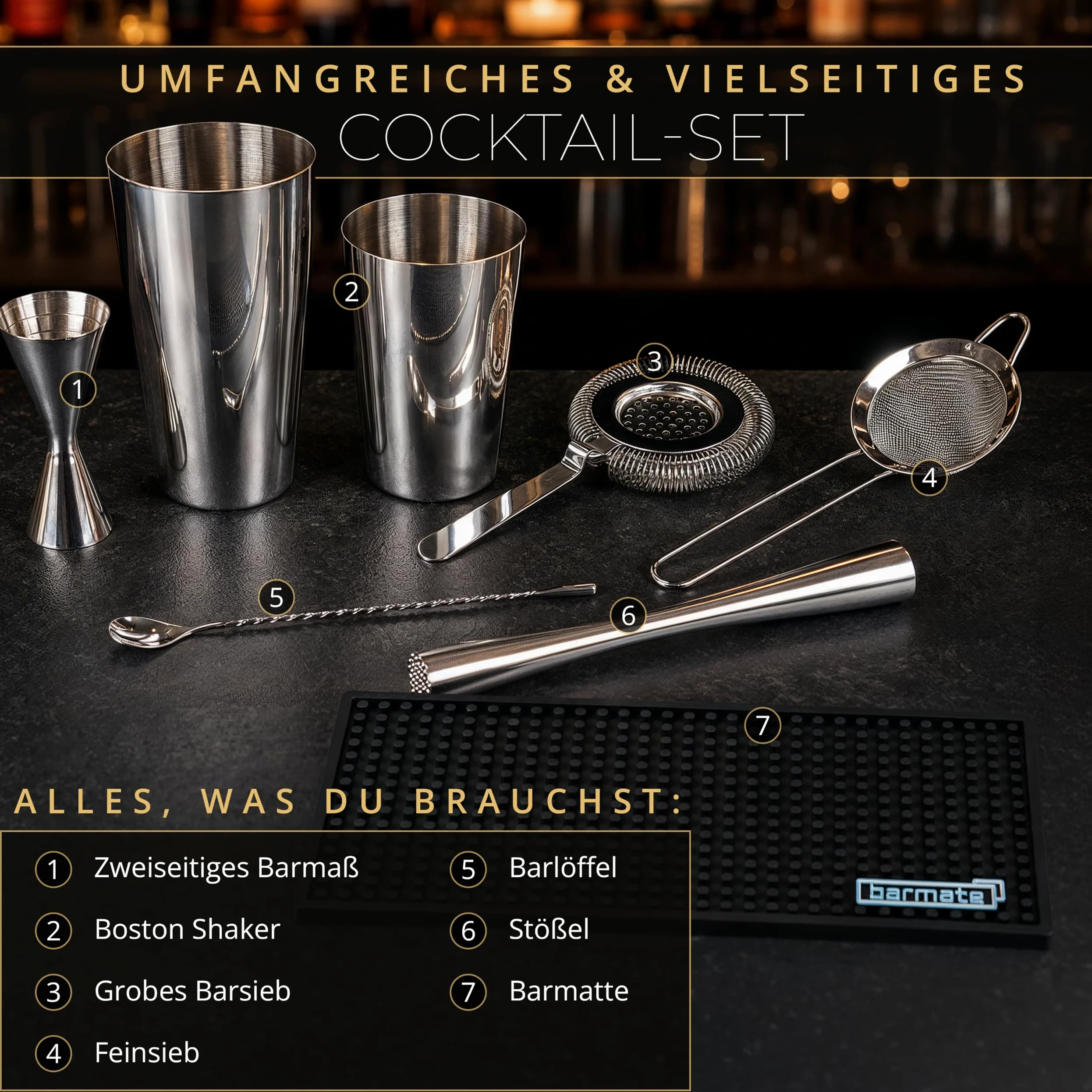 Ensemble Shaker à Cocktail barmate en Acier Inoxydable Boston, 7 pièces composé d'un Shaker, d'un Jigger, d'une cuillère de Bar, de 2 passoires, d'un Pilon et d'un Tapis de Bar