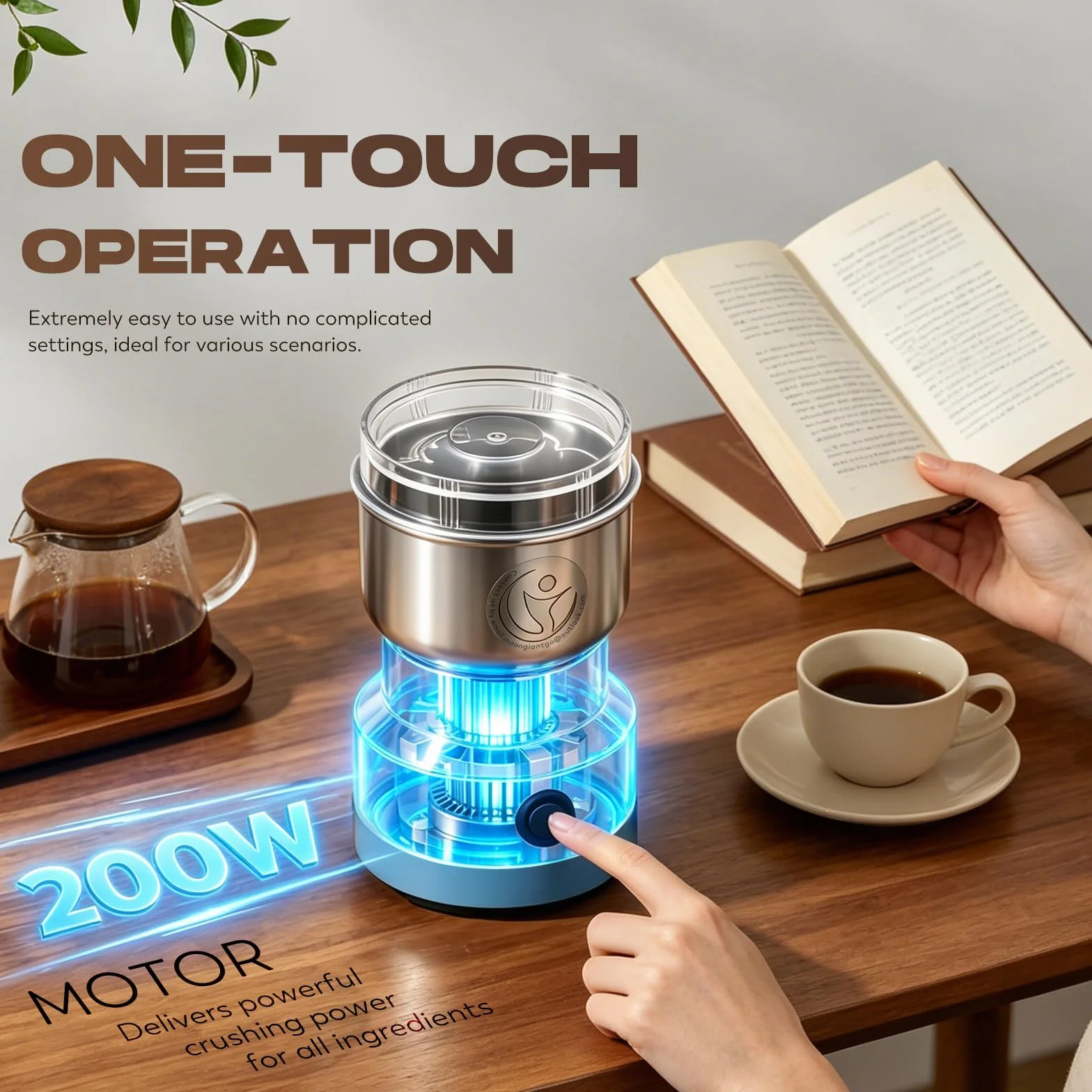 Moongiantgo Moulin à Céréales Multifonctionnel 150W 14500rpm, Moulin à Café Ultra-Fin 300ml, Acier Inoxydable, Broyeur Électrique Portable (Bleu)