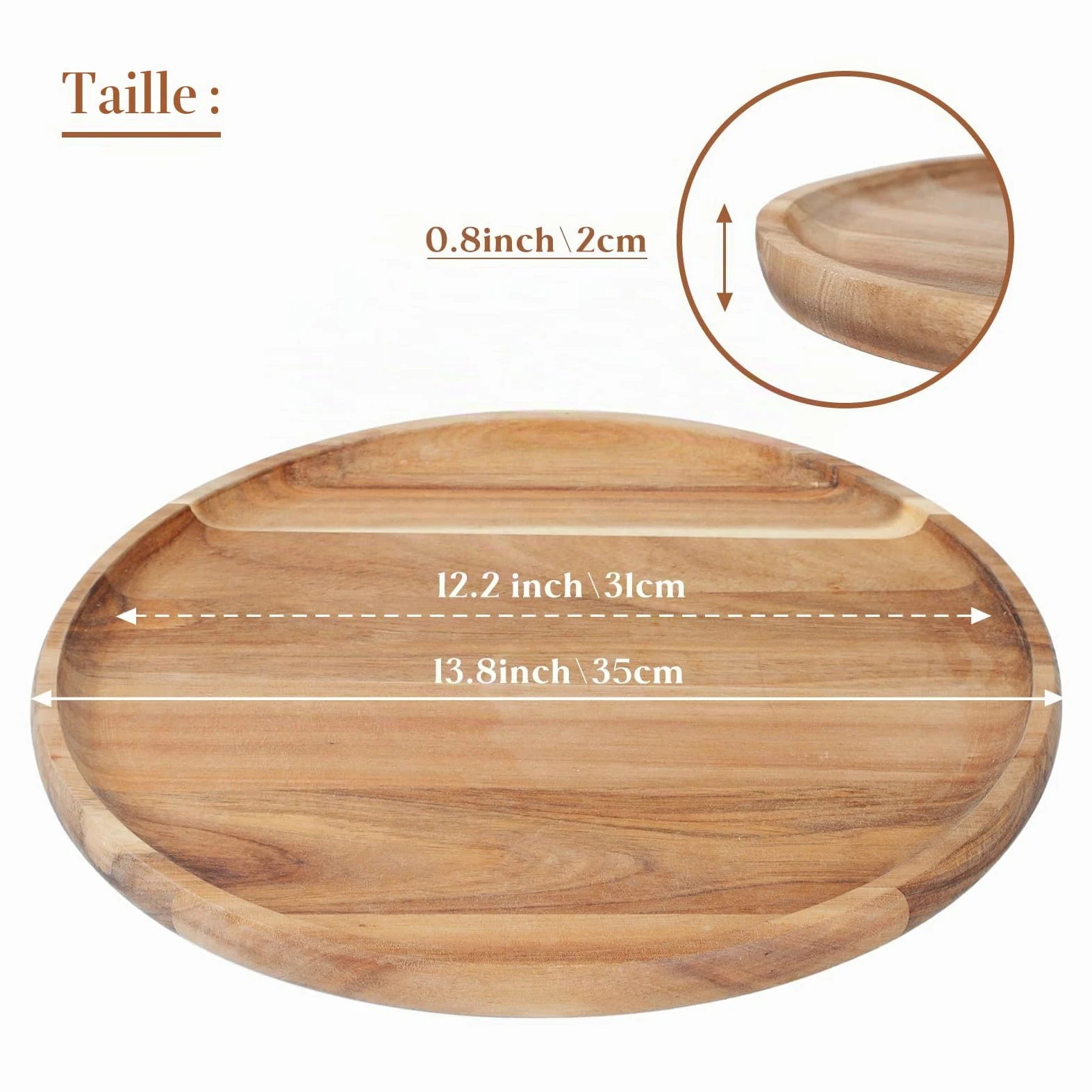 YANGQIHOME Plateau rond en bois, plateau en bois d'acacia, plateau de service, planche à charcuterie pour apéritifs, organisateur de plateau pour cuisine/comptoir, 35,1 x 35,1 x 2,0 cm