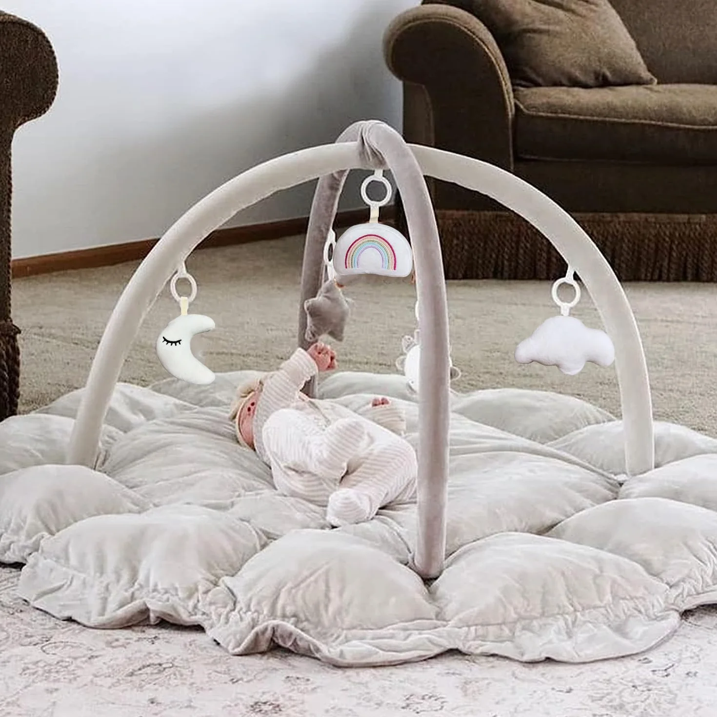 Tapis d'Éveil Bébé Doux Gym Centre Arche de Jeu avec Jouets Peluches Amovibles Gris