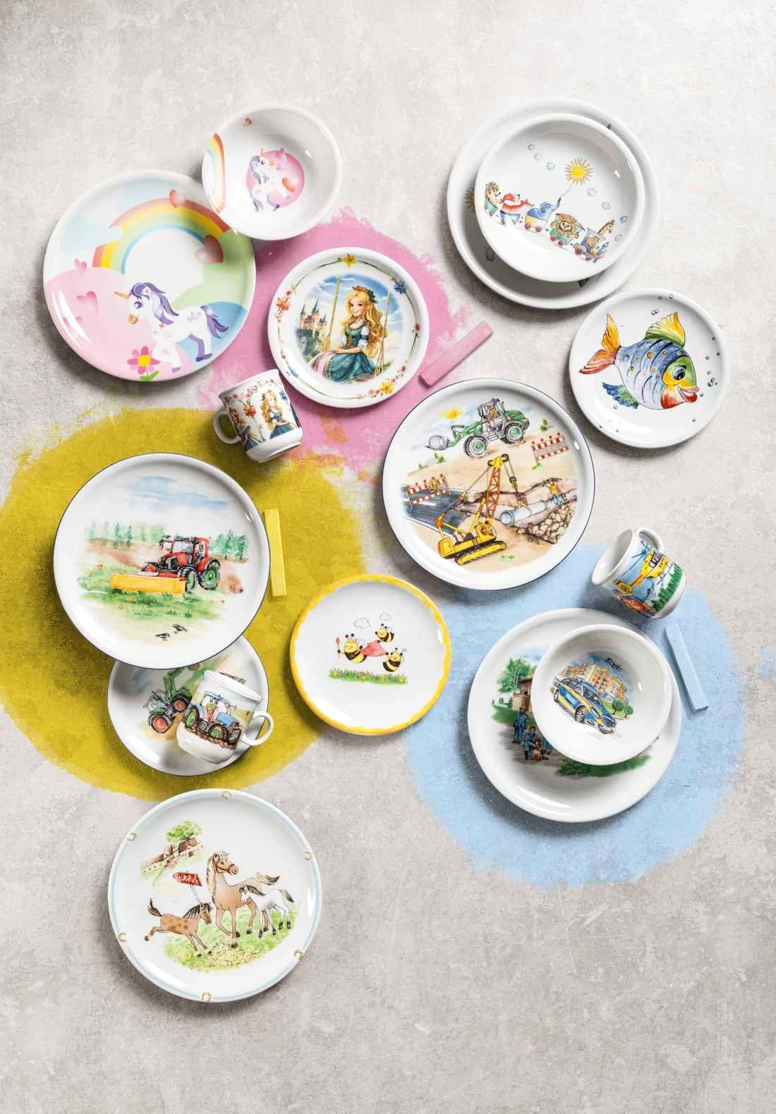Seltmann Weiden Service de table compact pour enfant 5 pièces, ensemble d'assiettes, bol et gobelet pour enfants, service pour enfants avec motifs colorés, porcelaine, sur le chantier