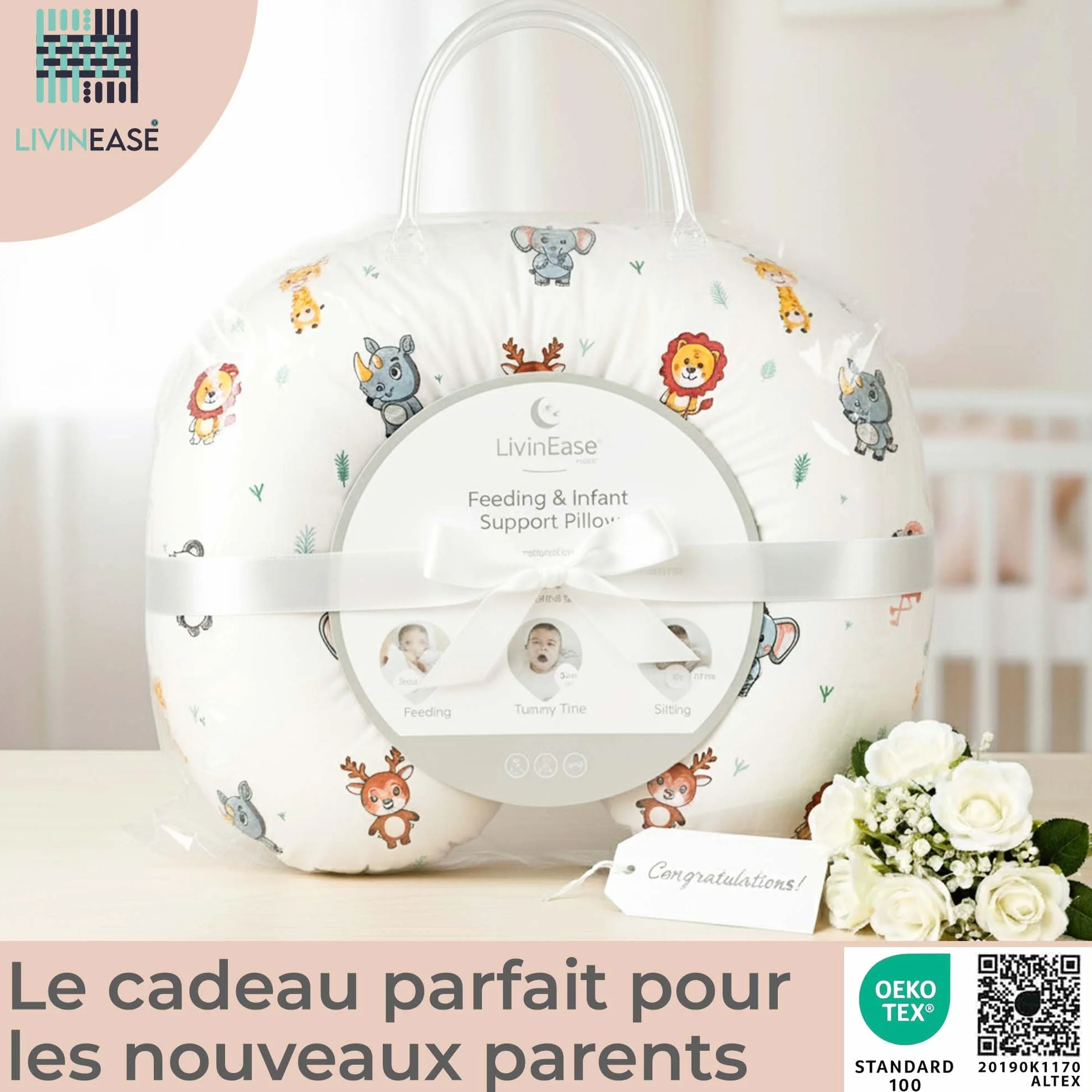 LivinEase Coussin d'allaitement 100% coton certifié OEKO-TEX housse lavable Jungle
