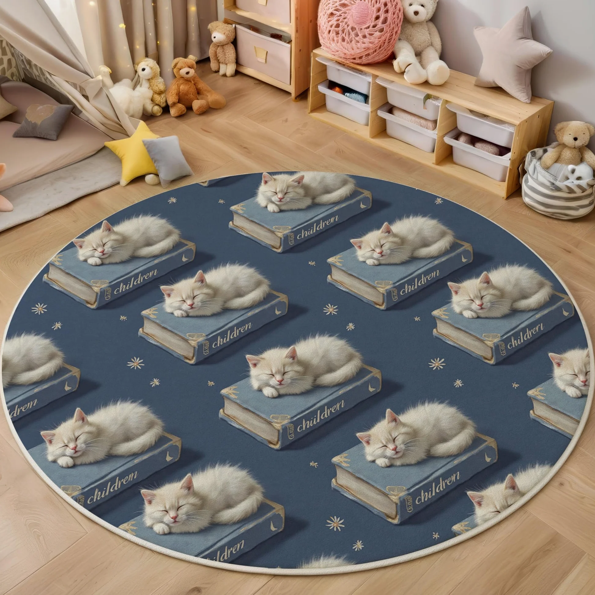 Tapis Rond De Chambre d'enfant 100 Cm - Chat Mignon Livres Bleu Marine - Motif Animaux Ciel Étoilé - Moelleux Et Antidérapant - Tapis De Salon À Poils Courts - Lavable - Moderne Doux