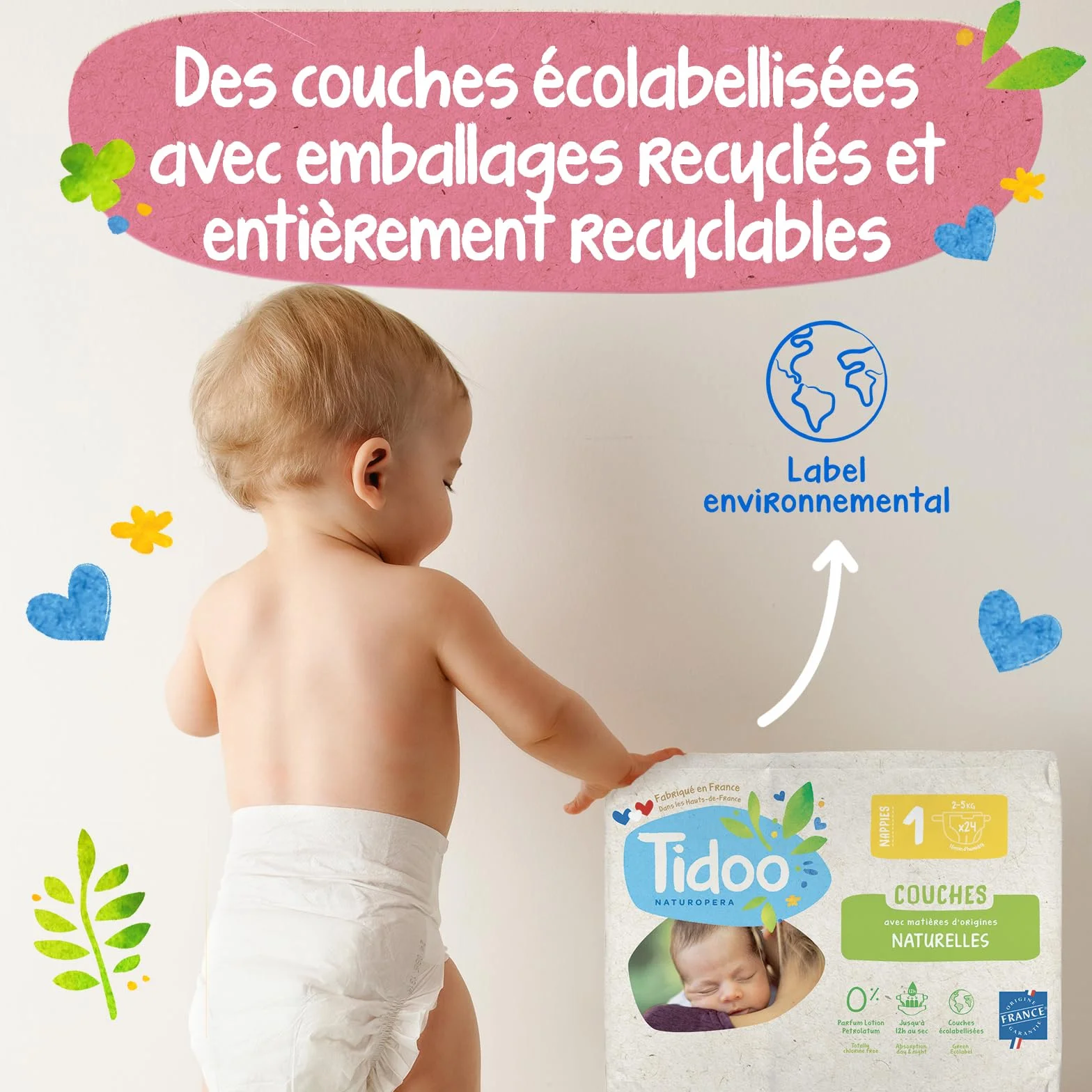 Couches écologiques Taille 5 12-25kg 120 Couches Jetables Pack 1 Mois Fabriquées en France