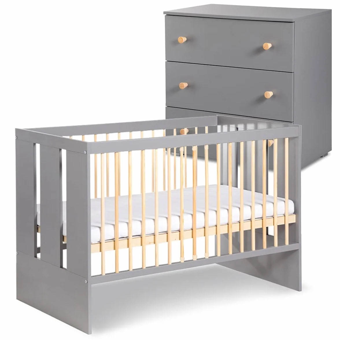 Mon Mobilier Design Pauline Ensemble Commode à Langer + lit bébé Gris/Bois 120x60 cm