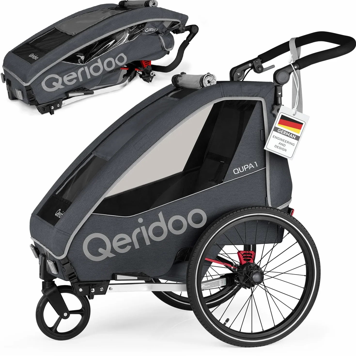 QERIDOO Remorque Vélo Kinderfahrradanhänger Buggy QUPA 1 1 Kind Kupplung Blattfeder-Dämpfsystem 50 kg Gris