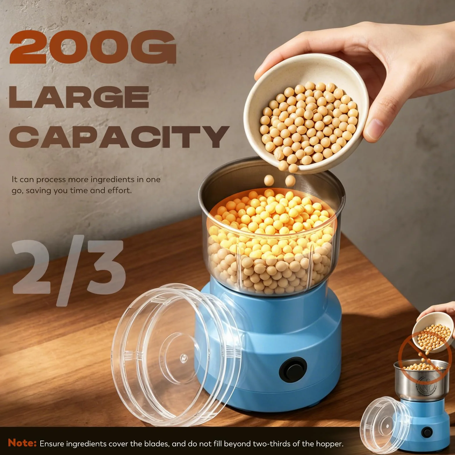 Moongiantgo Moulin à Céréales Multifonctionnel 150W 14500rpm, Moulin à Café Ultra-Fin 300ml, Acier Inoxydable, Broyeur Électrique Portable (Bleu)