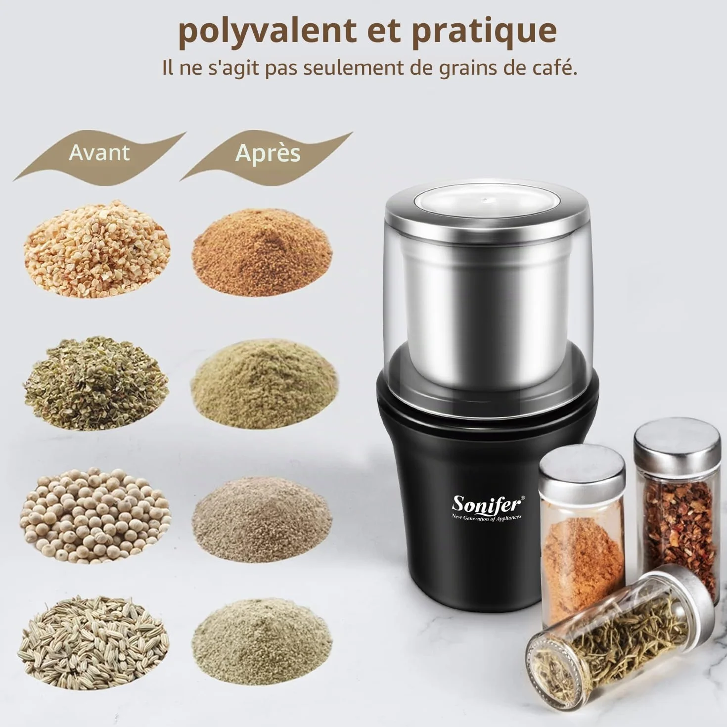 Moulin à épices électrique 300 W 100 g acier inoxydable récipient amovible