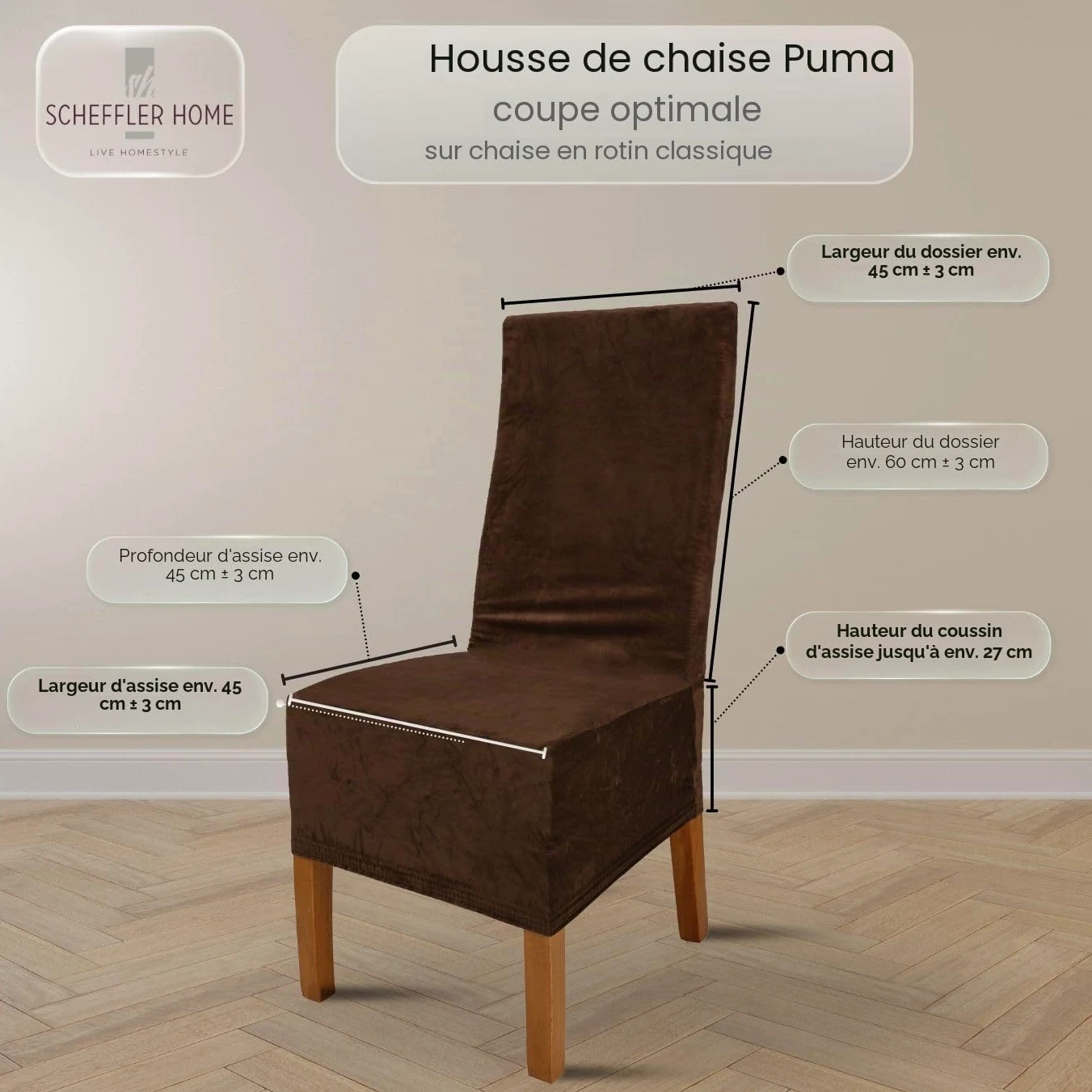 SCHEFFLER-Home Housse de Chaise Extensible « Puma Velvet » / Lot de 4 / Marron/Housses de siège élastiques en Velours/Housses de Chaise pour Chaise Luge