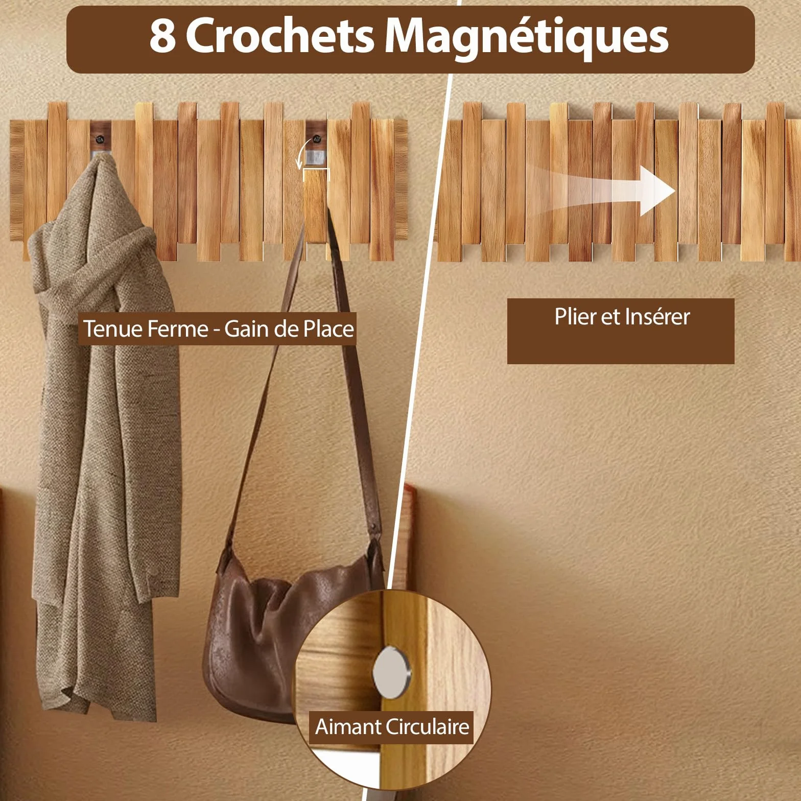 Porte-Manteau Mural en Bois avec 8 Crochets, Crochets Pliables, Design Moderne, 42,5 x 16 x 2,5 cm