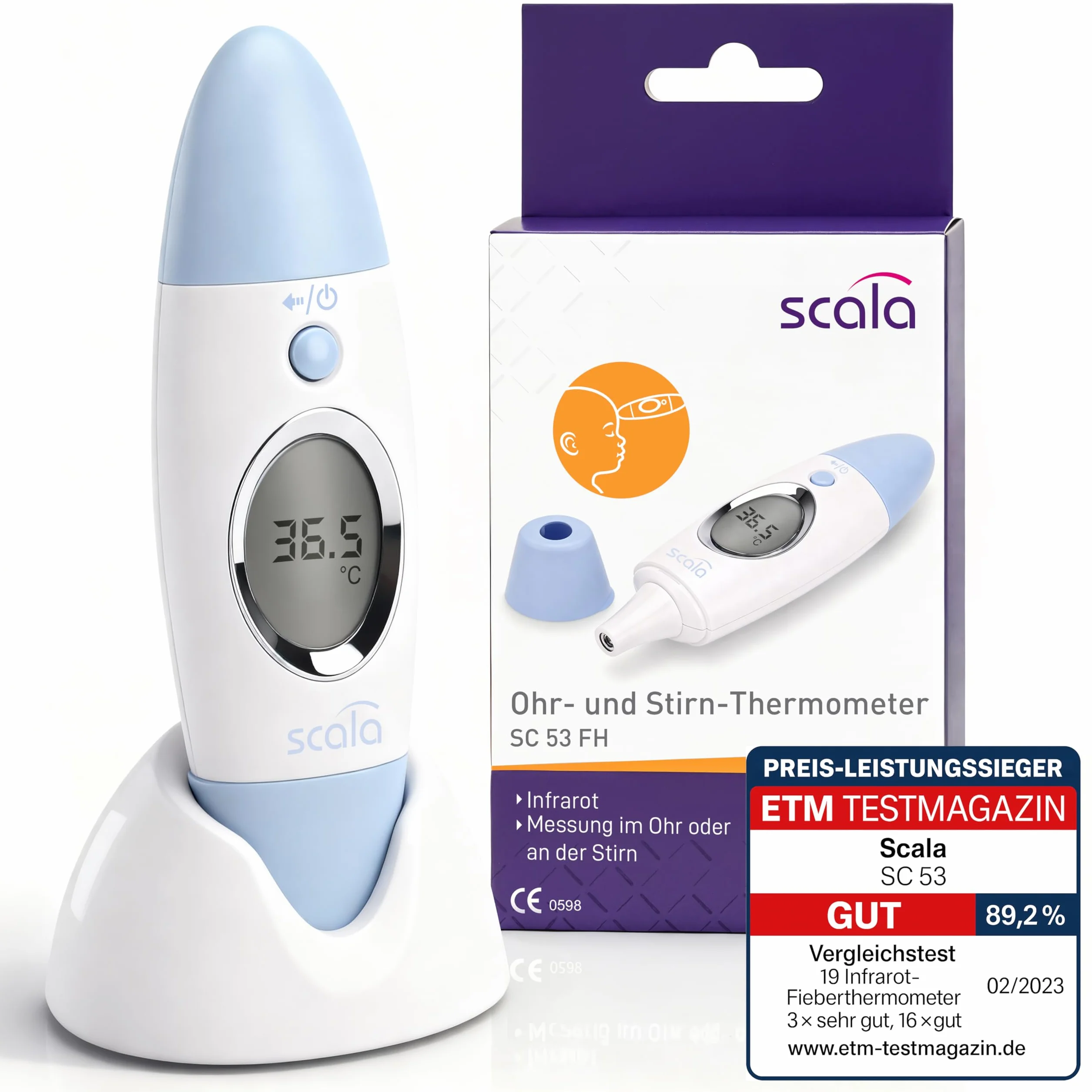 Scala SC 53 Thermomètre numérique infrarouge frontal tempes oreilles