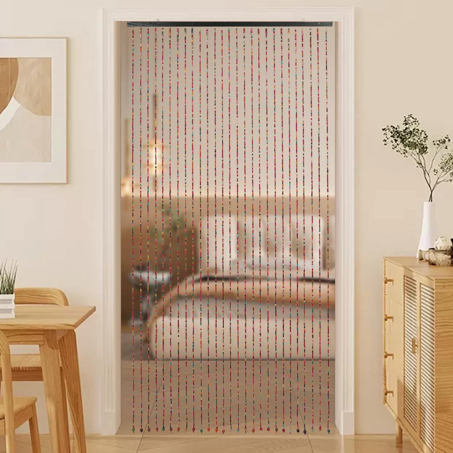 Rideau de porte en perles de bambou - 27 brins - Arc-en-ciel - Bois naturels multicolores - Rideau à fils - Anti-insectes - 90 x 175 cm