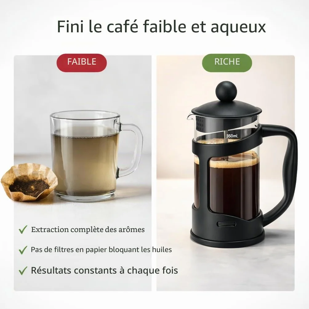 Cafetière Classique Continental Noire 350 ml – Cafetière à Piston en Verre Trempé Résistant aux Chocs