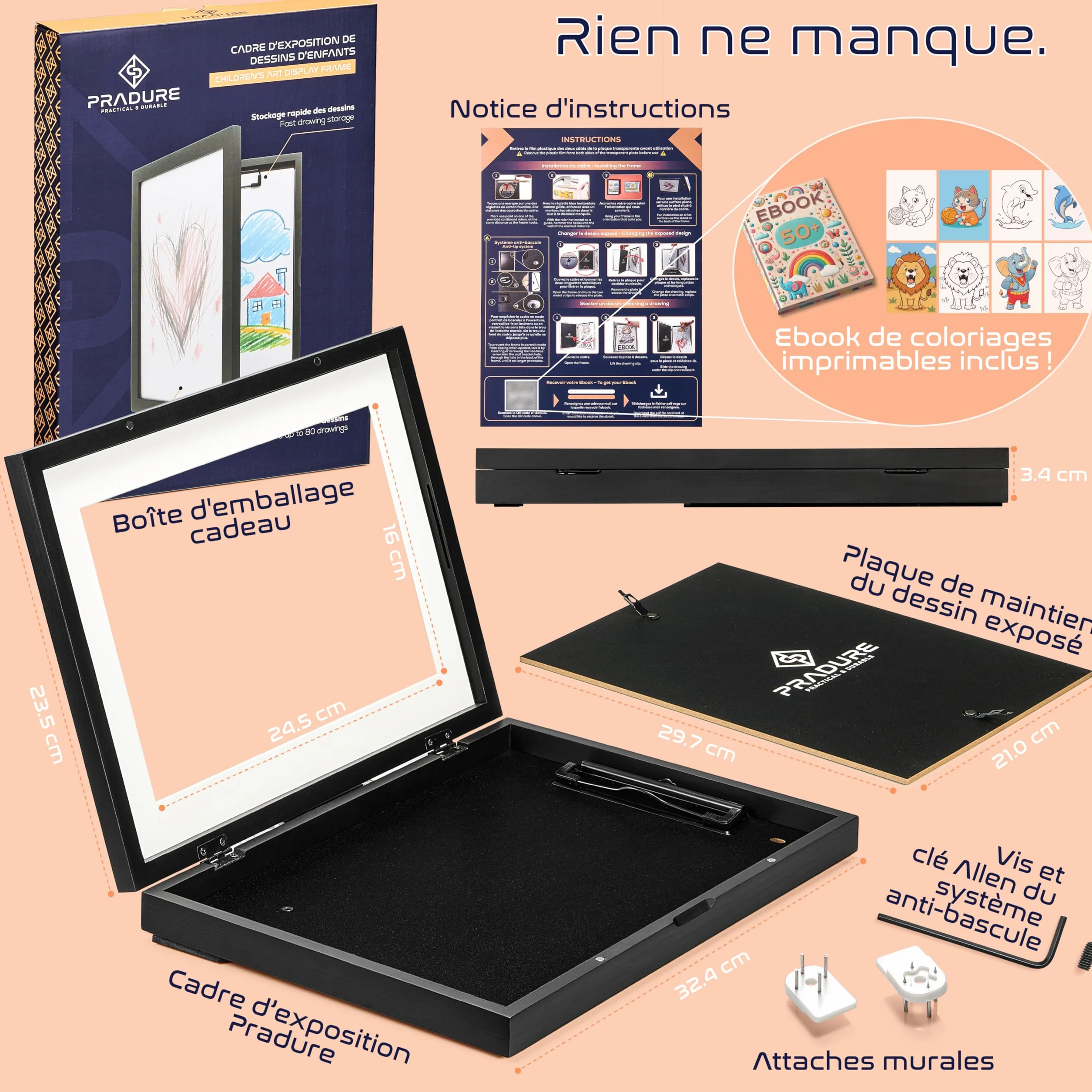 Cadre Dessin Enfant A4 Noir Bois Interchangeable, Rangement 80 Feuilles