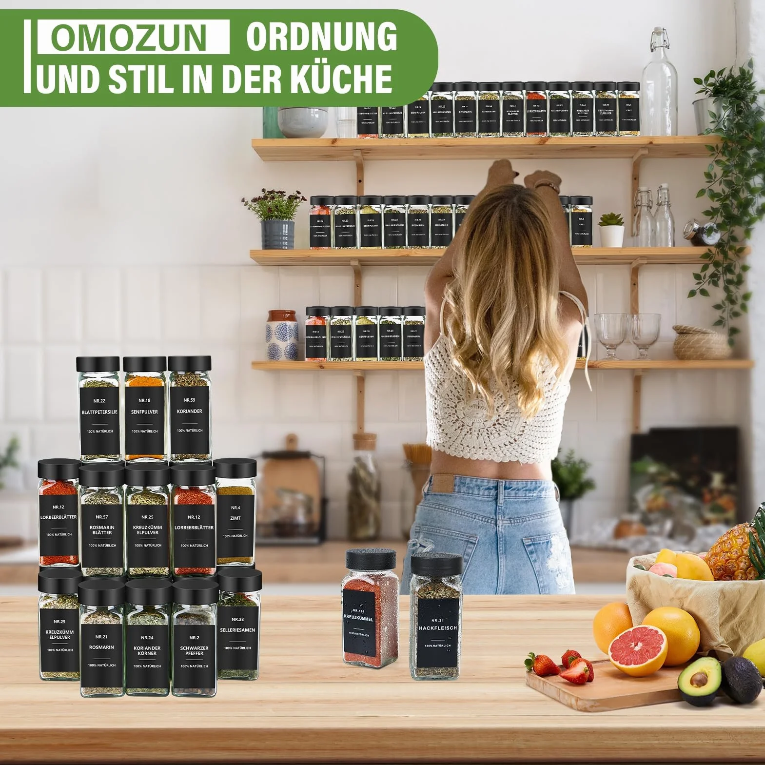 Lot de 24 pots à épices en verre 120 ml avec étiquettes étanches et insert à saupoudrer - Noir