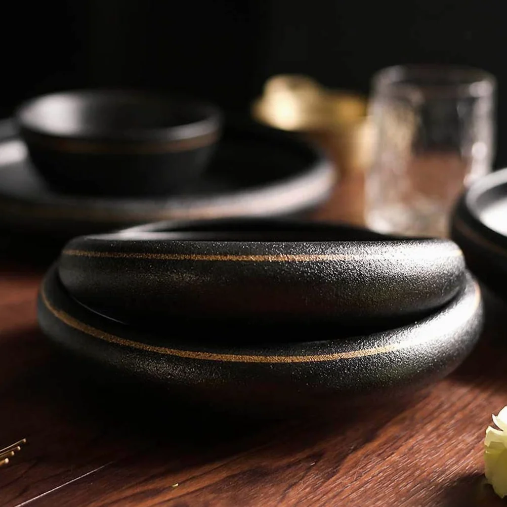 Ensemble bol et assiette japonais en céramique noire et dorée - Bol profond à salade et à nouilles - Plat de service créatif idéal pour le petit déjeuner et la maison