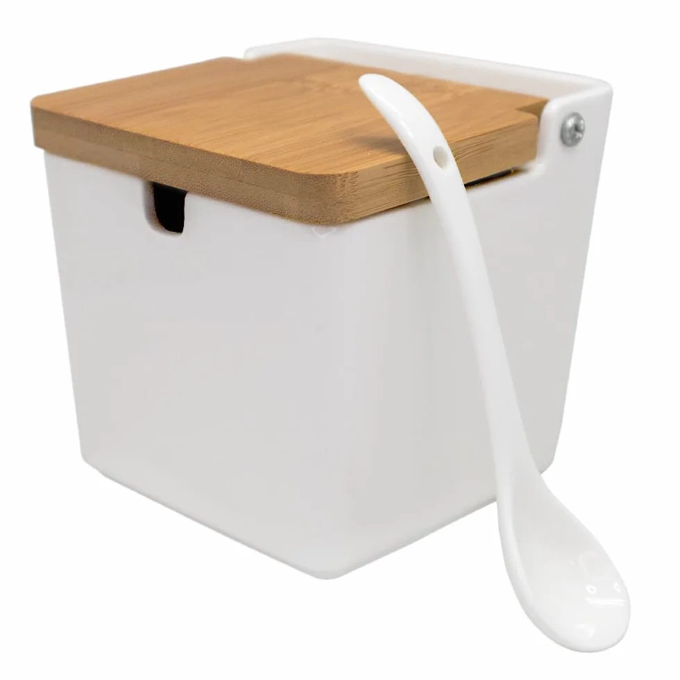 NERTHUS FIH 1335 salière porcelaine carrée grande avec couvercle bois et cuillère