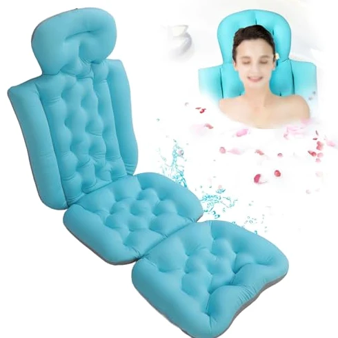 Ejoyous Oreiller de Baignoire Corps Entier, Tapis de Baignoire avec Oreiller Tapis à Bulles Oreiller de Baignoire Cou avec Ventouses Fortes Antidérapant Amovible Lavable (Blue)