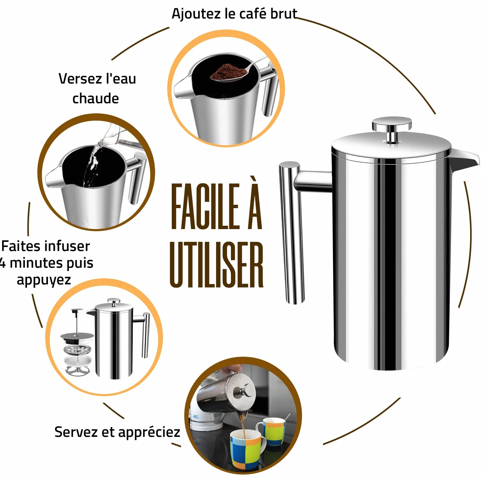 KICHLY Cafetière à piston en acier inoxydable 34 oz 1,0 litre Argent