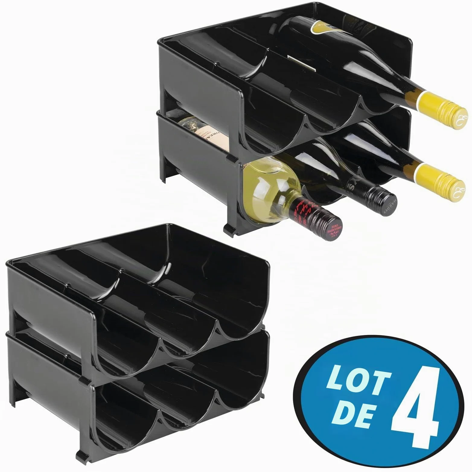 mDesign Range-Bouteilles (Lot de 4) – casier à Bouteilles empilable en Plastique sans BPA pour 3 Bouteilles de vin ou Autres Boissons – étagère à vin Moderne pour jusqu'à 12 Bouteilles – Noir