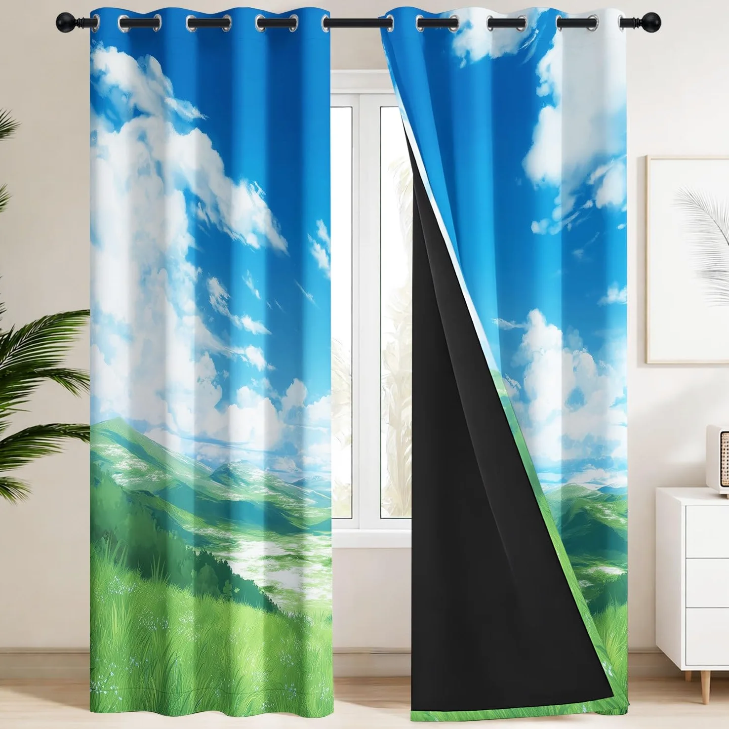 Rideaux Occultants Esthétique Couleurs Douces, Paisible 140L X 180H cm Ciel Bleu, Collines, Nuages duveteux – Isolation Thermique et Protection de l'Intimité, 2 Panneaux pour Chambre d'Enfant