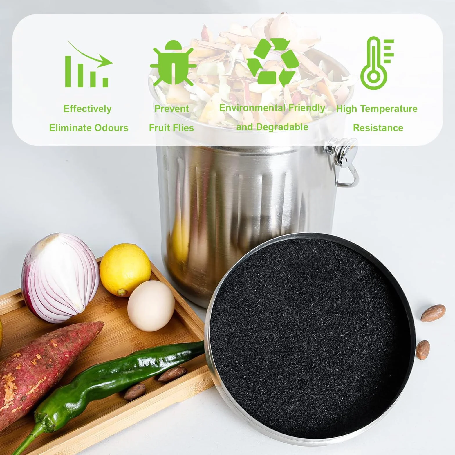 Filtres à Charbon Actif Anti-Odeur pour Poubelles à Compost Ronds 8 Pièces, Jusqu'à 17 cm
