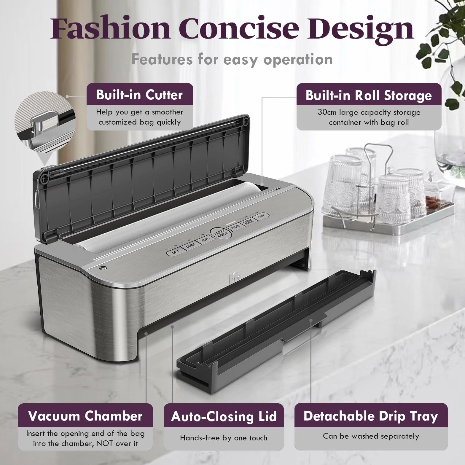 Machine Sous Vide Alimentaire 85 kPa 120 W, Système D'étanchéité Puissant, Cutter Intégré, Rangement de Sacs, Mode Humide, 2 Rouleaux de Sac, Acier inoxydable