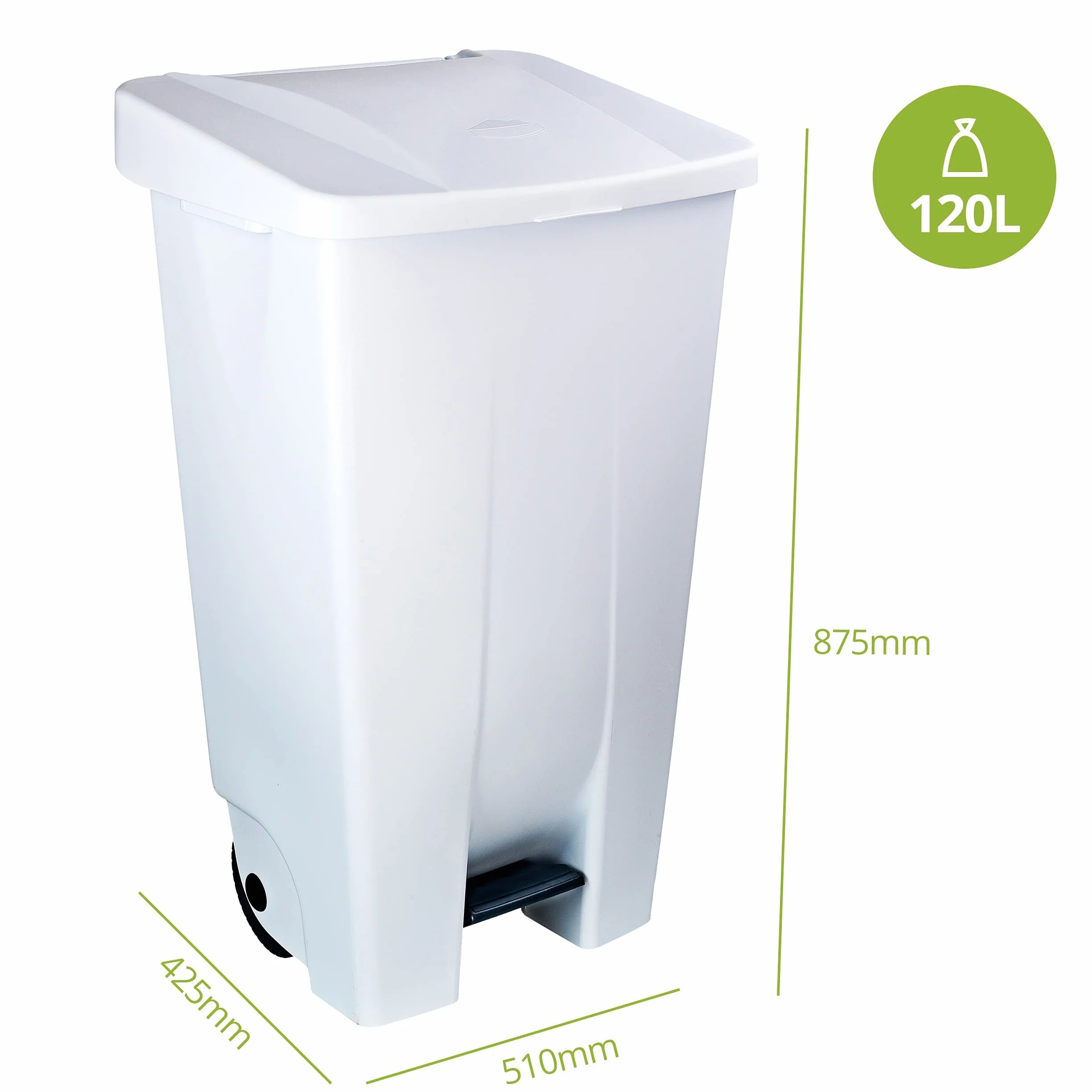 Denox Conteneur sélectif à pédale 120 L Blanc poubelle avec roues poignée ergonomique plastique alimentaire