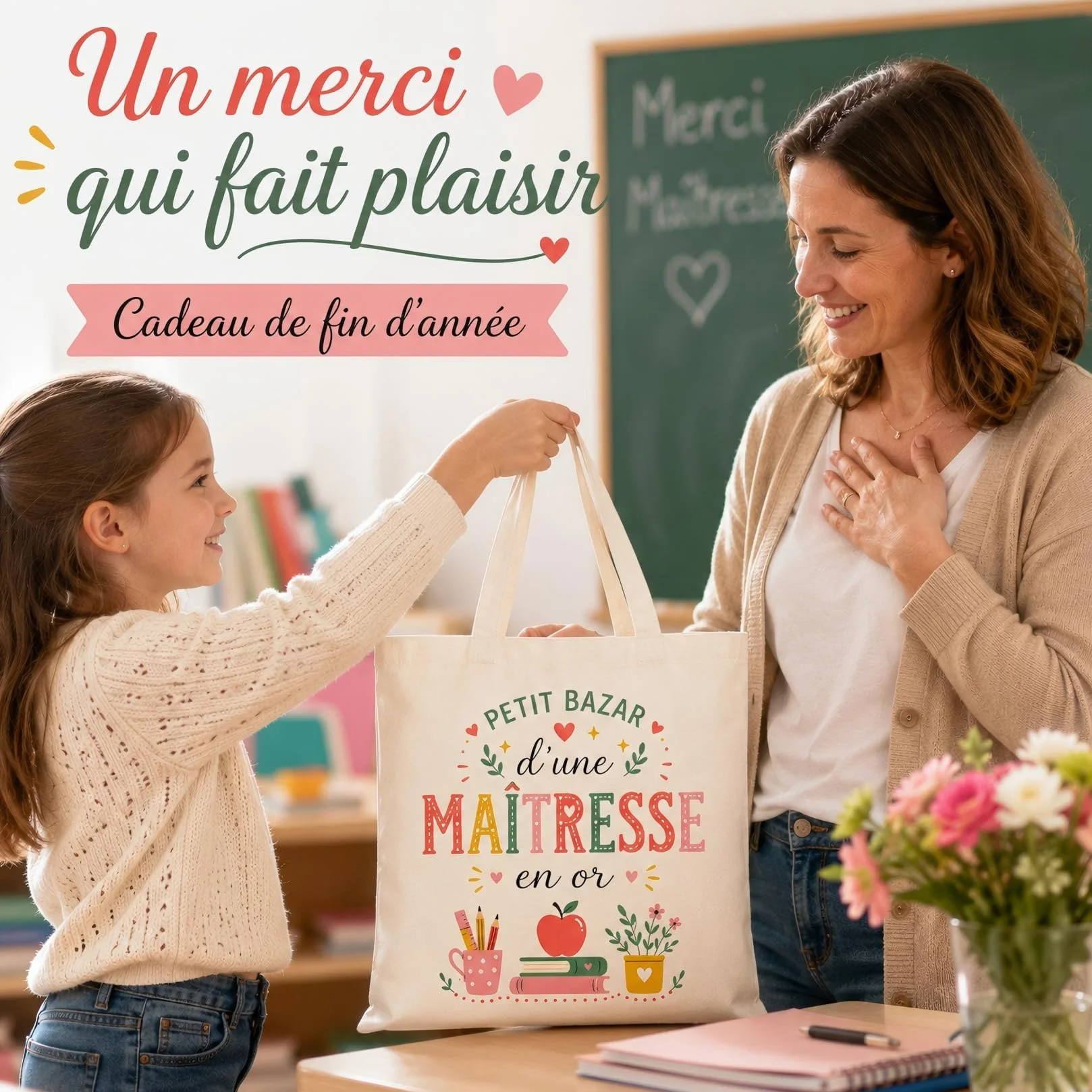 Tote Bag Cadeau Maîtresse d'École Original Joyeux Noël Sac Cabas Fin d'Année
