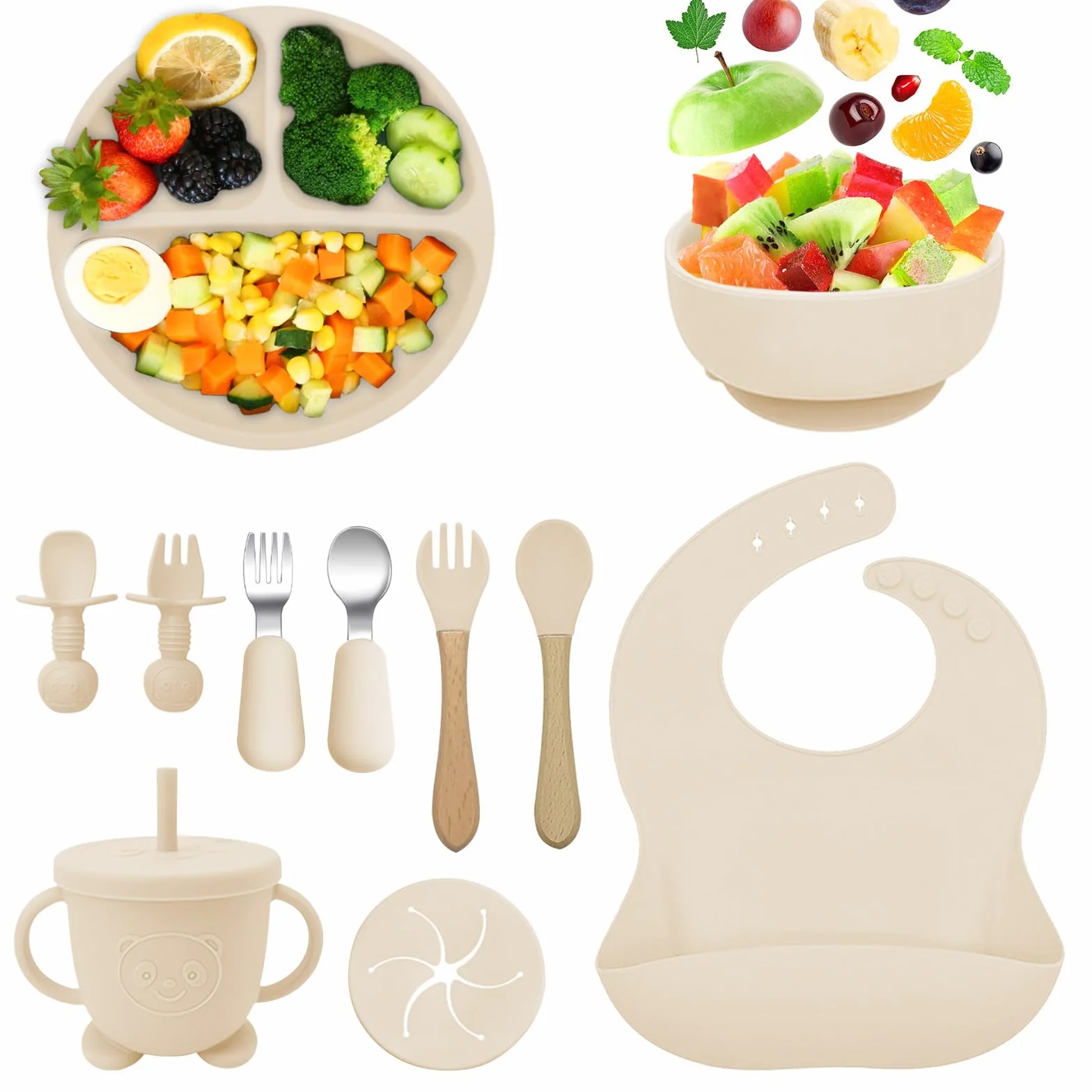 Coffret Repas Bébé Silicone 11 Pièces Assiette Ventouse Sans BPA