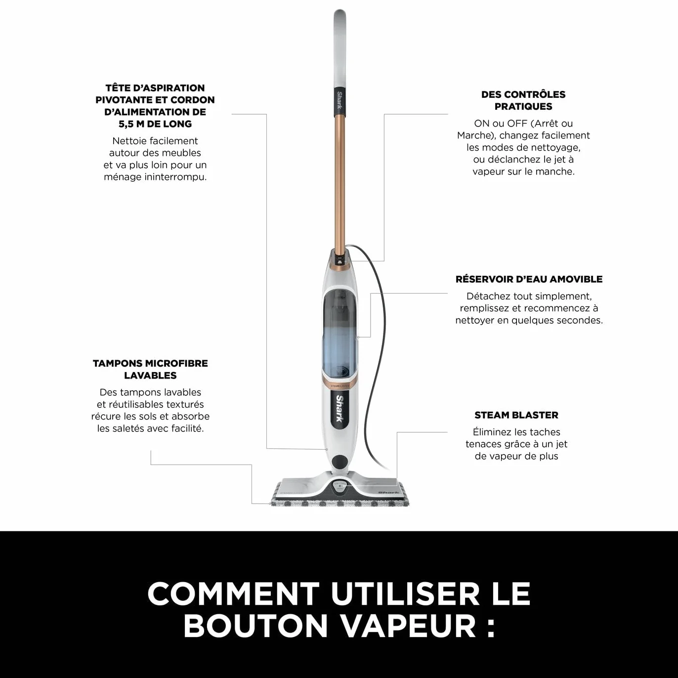 Shark SteamSpot S2001EU Balai vapeur pour sols durs, léger, sans produit chimique, réservoir amovible, 2 tampons Dirt Grip lavables, Blanc et Cuivre