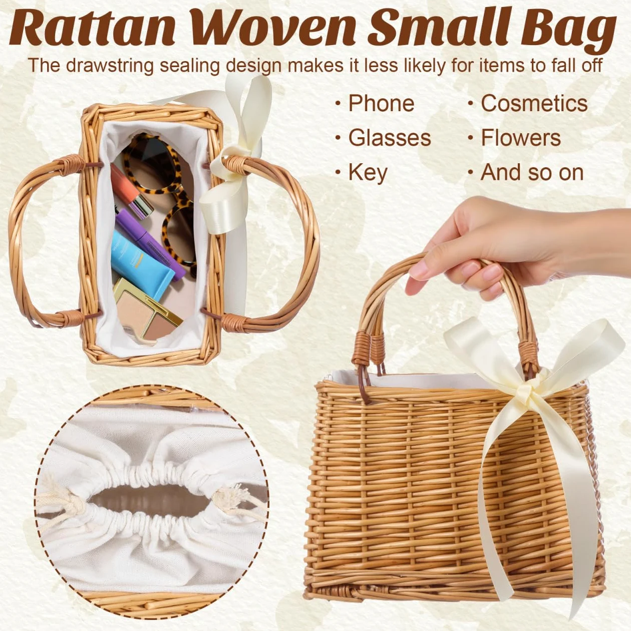 Cabilock Panier à main en osier naturel tissé à la main pour fille avec ruban blanc