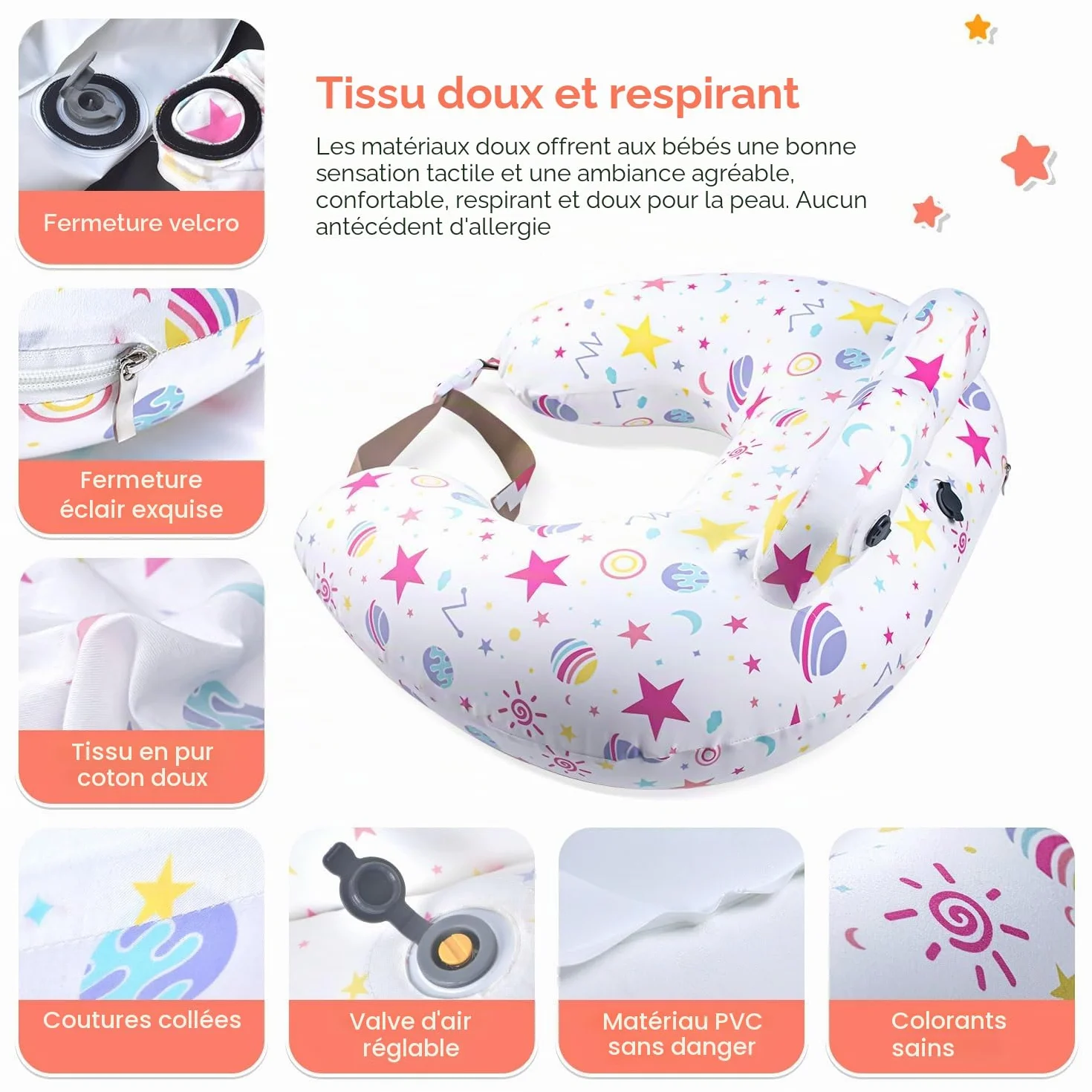Coussin d'allaitement gonflable de voyage avec ceinture réglable et housse amovible en coton