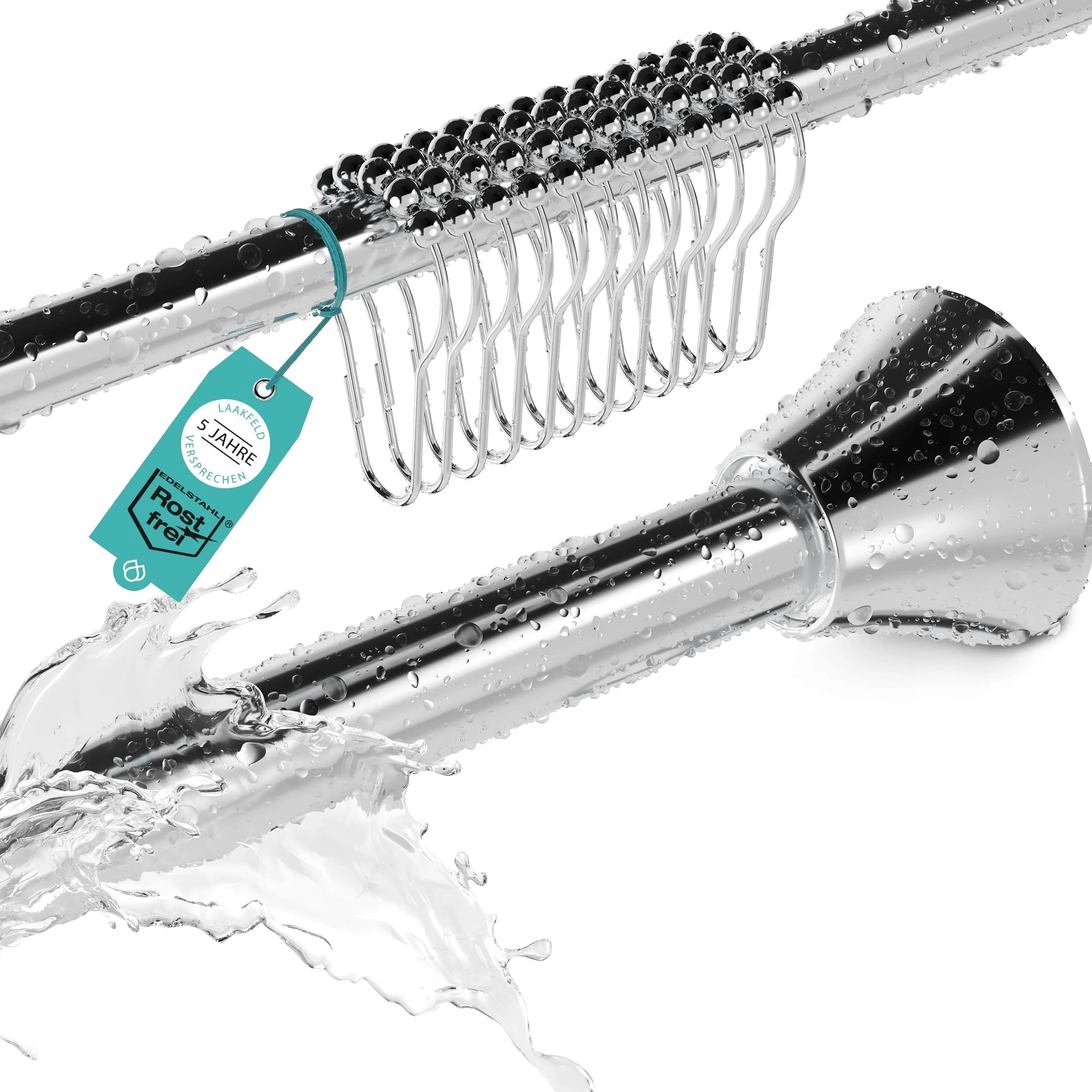 Tringle à rideau de douche télescopique sans perçage avec 12 anneaux, stable, 120 à 215 cm, sans perçage, en acier inoxydable, pour douche et baignoire