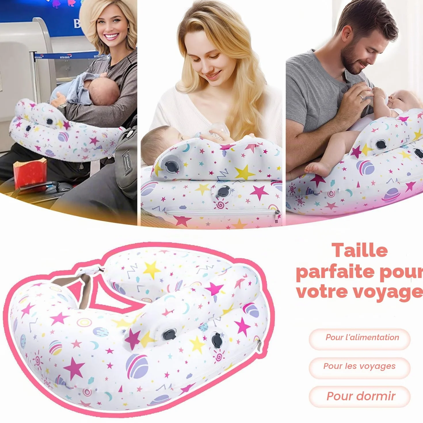 Coussin d'allaitement gonflable de voyage avec ceinture réglable et housse amovible en coton