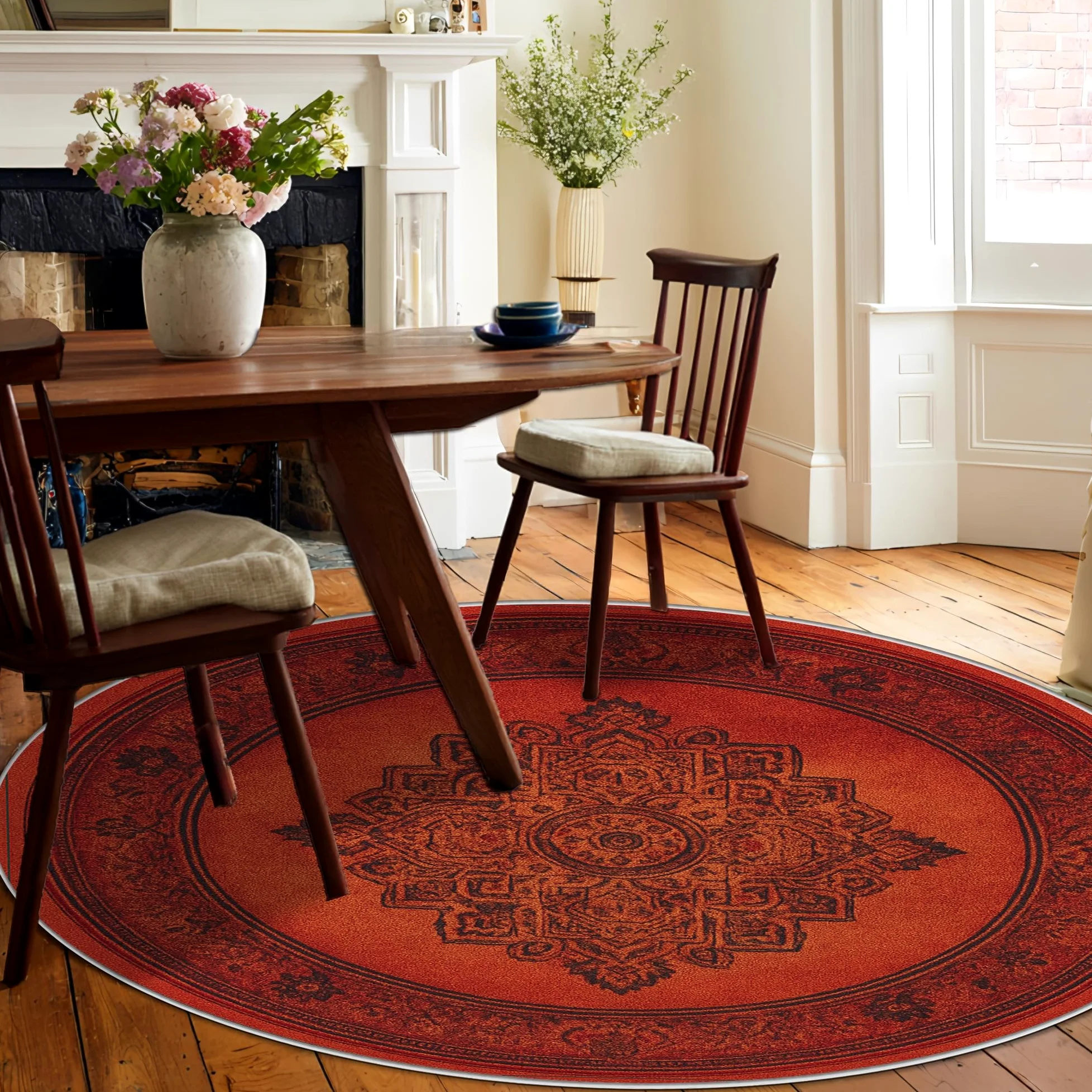 Tapis mandala, style bohème vintage à ornement floral, terre cuite, envers antidérapant, pour salon, chambre à coucher, nouvelle maison, salle à manger, 1,8 x 1,8 m