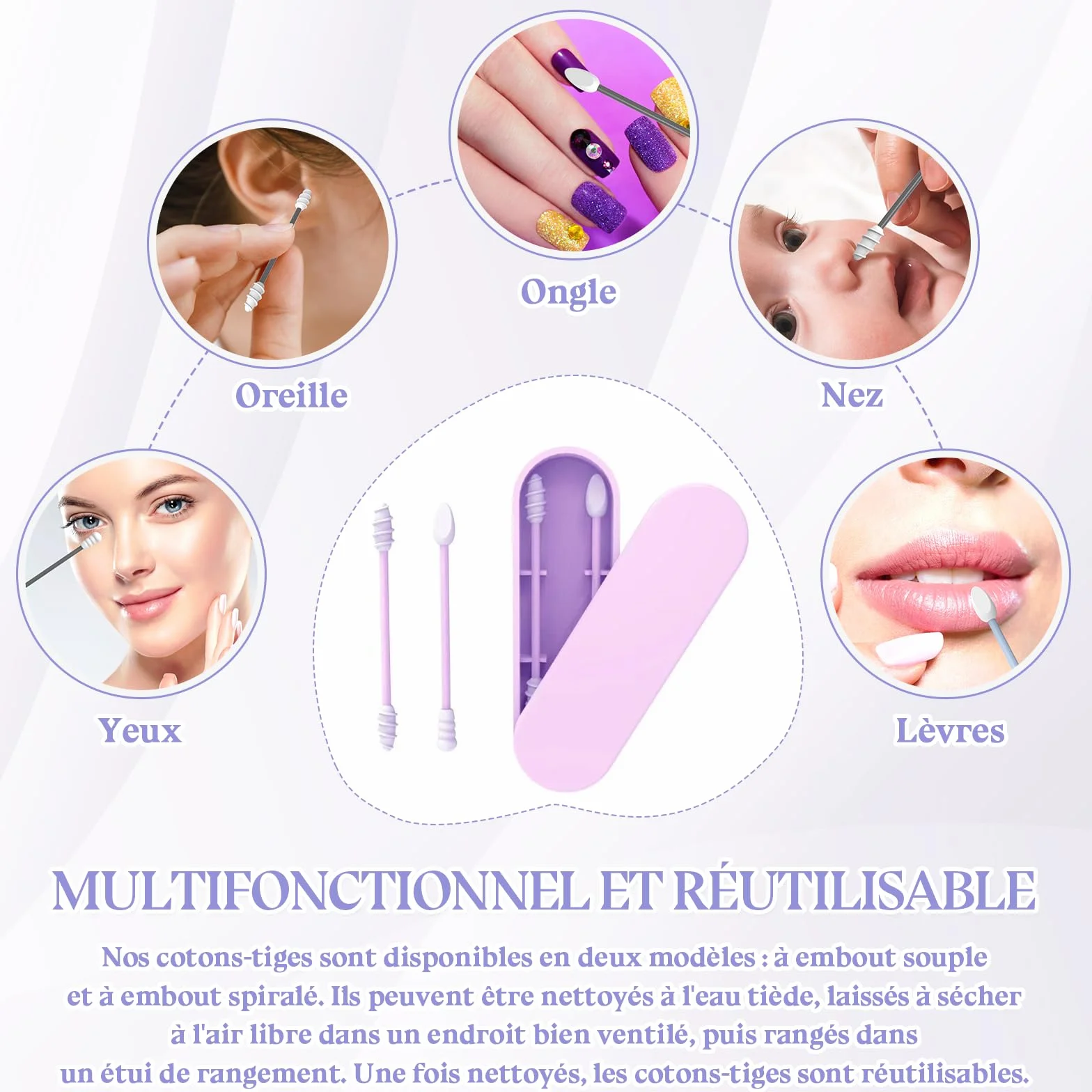 Lot de 8 Coton Tige en Silicone Double Extrémité Réutilisable Lavable avec Boîte de Rangement Hygiénique