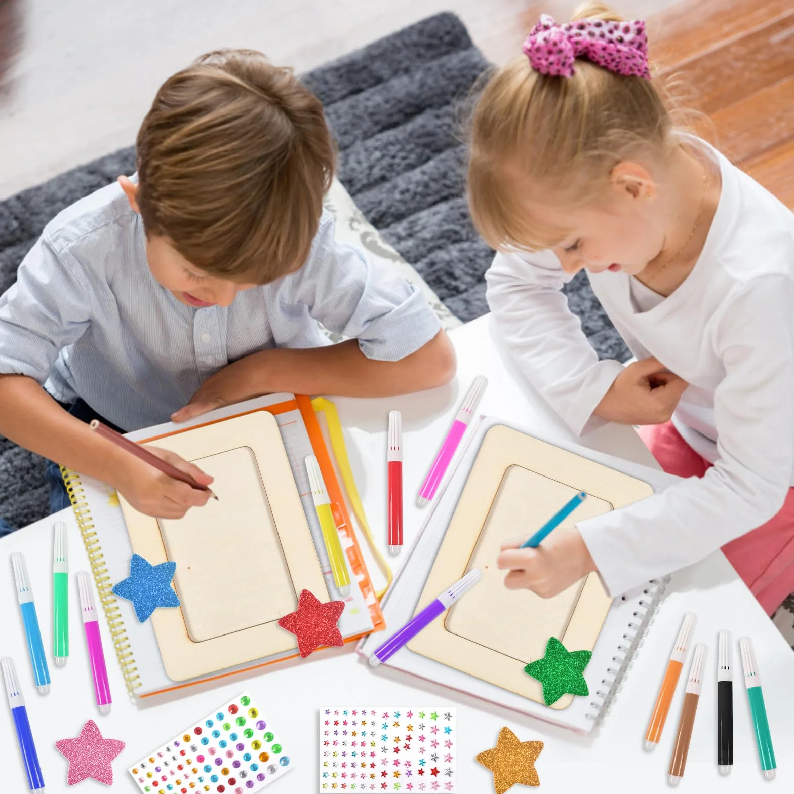 DIY Cadre Photo pour Enfant 6 Pièces Kits en Bois 15 x 20 cm avec Autocollant Diamant et Crayons