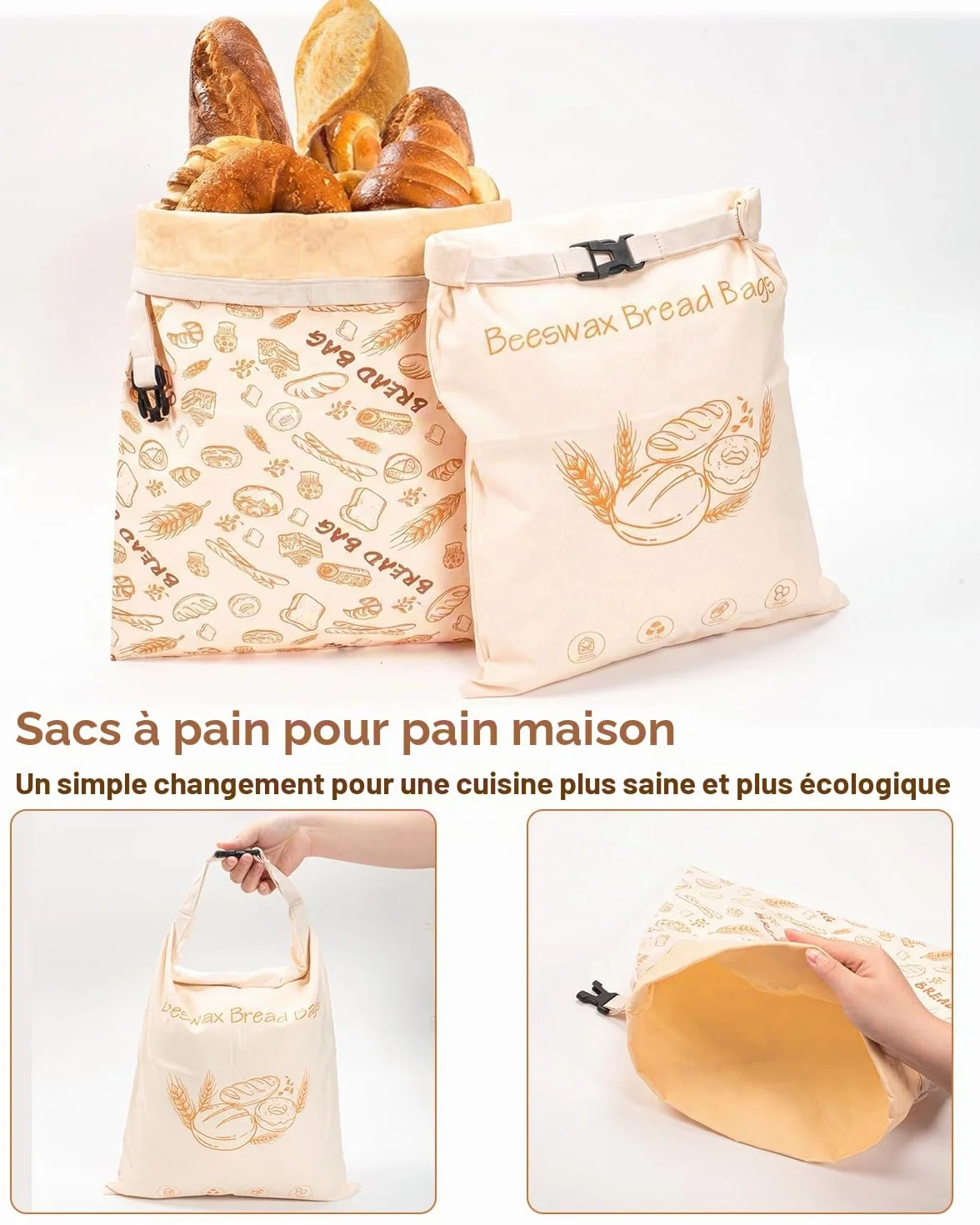 Sacs à Pain en Cire d'Abeille 43x33 cm Réutilisable en Coton Conservation Pain au Levain Baguette