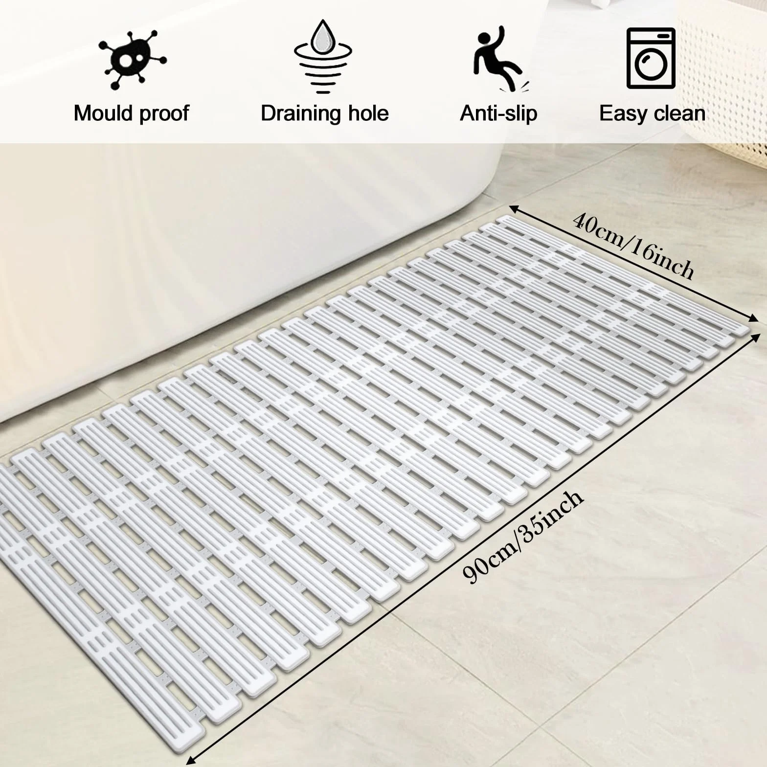 Tapis de Baignoire Antidérapant 90x40cm PVC Sans BPA & Latex Gris-Blanc