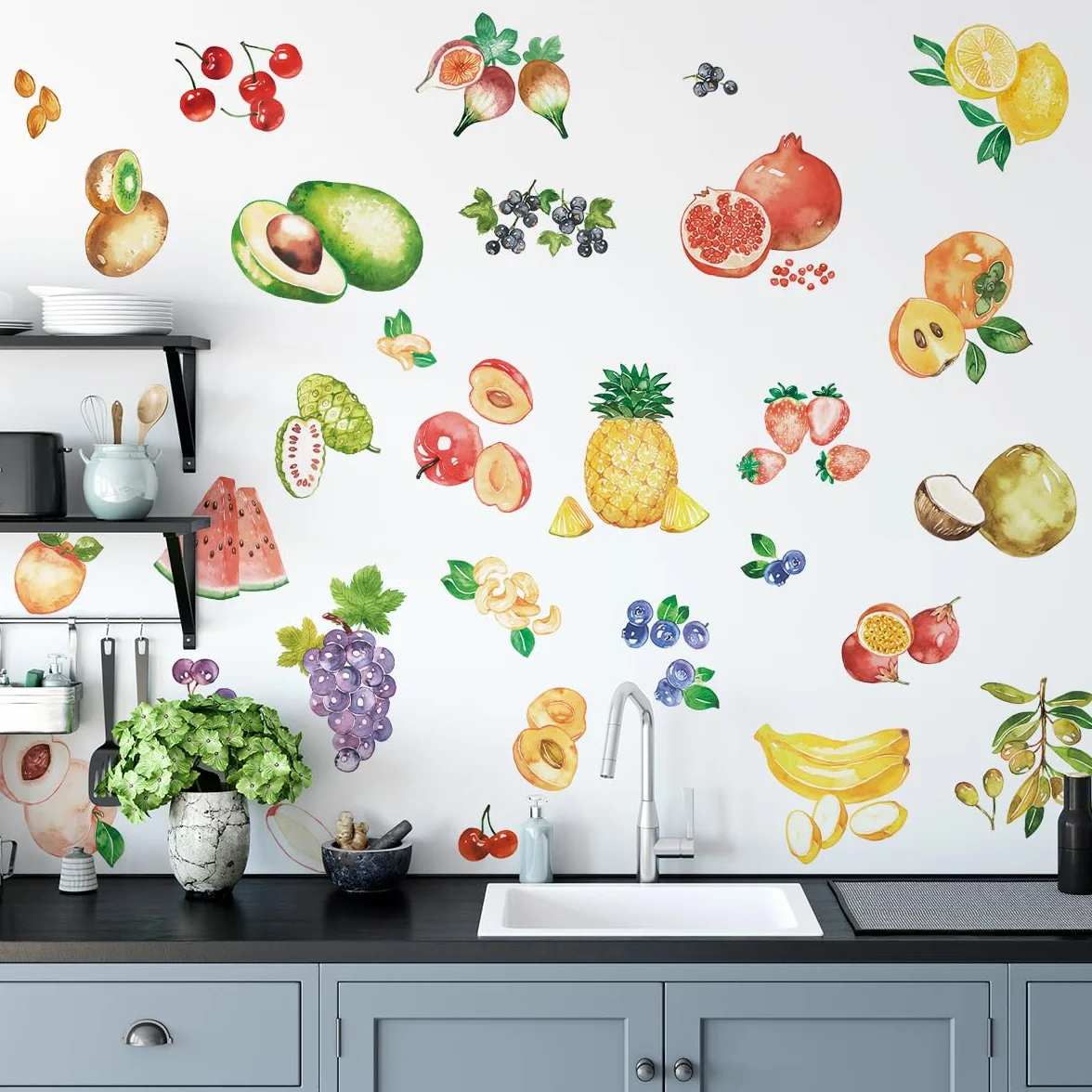 Lot de 2 feuilles d'autocollants étanches pour réfrigérateur - Autocollants décoratifs Fruits aquarelle Mural Vinyle