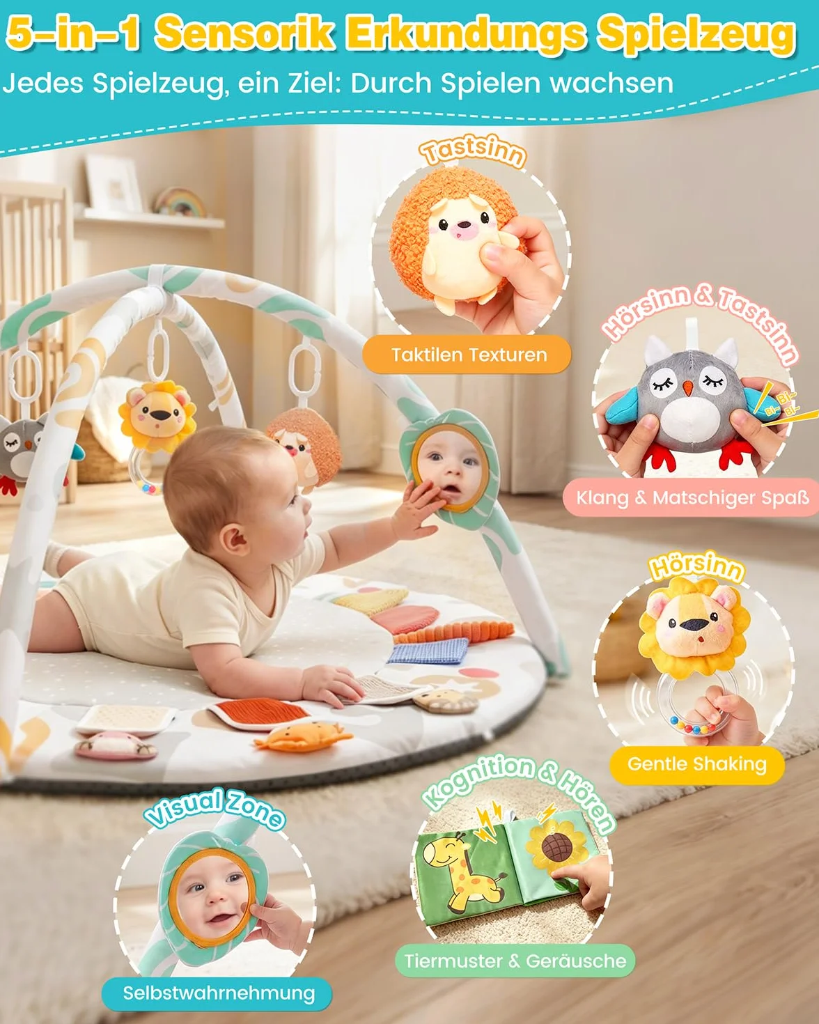 Tapis d'Éveil Bébé avec Arche Amovible, Jeux Sensoriels Montessori, 5 Jouets Suspendus 0-12 Mois