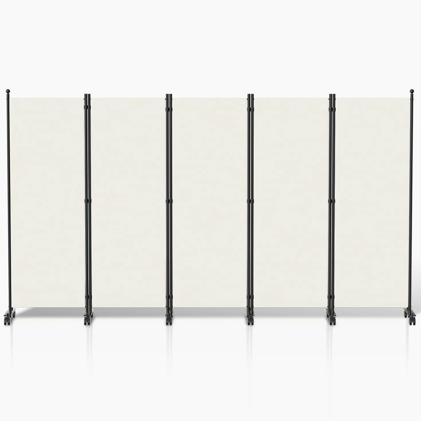 Paravent séparateur de pièce, pliable, autonome, en 5 parties, sur roulettes, brise-vue, cloison pour jardin, bureau, terrasse, 284 x 181 x 30 cm, blanc
