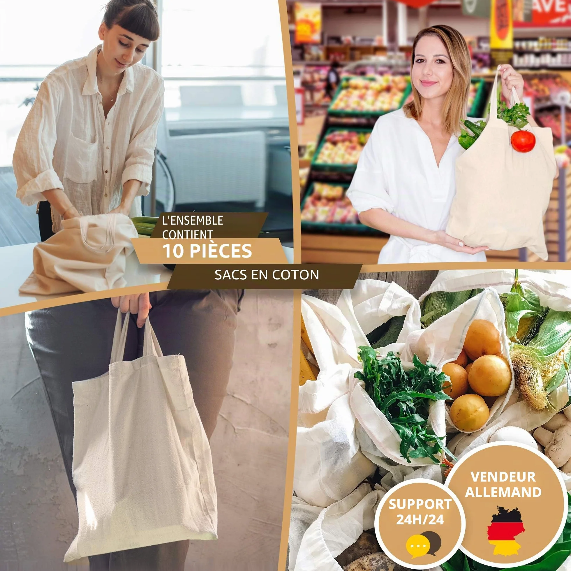 Sac en Coton 38 x 42 cm Oeko-Tex® Anses Courtes Non Imprimé Toile de Jute