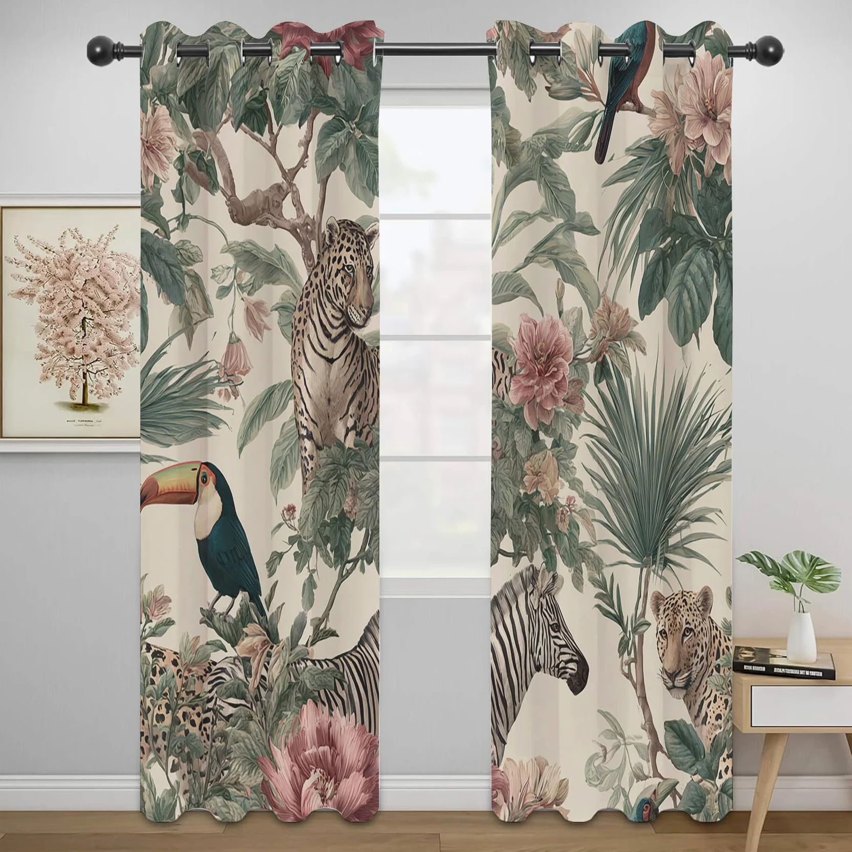 Rideau Occultant Jungle Tropicale, Rideaux Motif Safari Animaux, Rideau Thermique Chambre Salon Fenetre, Fleurs Feuilles de Palmier Lot de 2 Rideaux et Draperies Intérieurs à Oeillets, 140x240cm, yi5